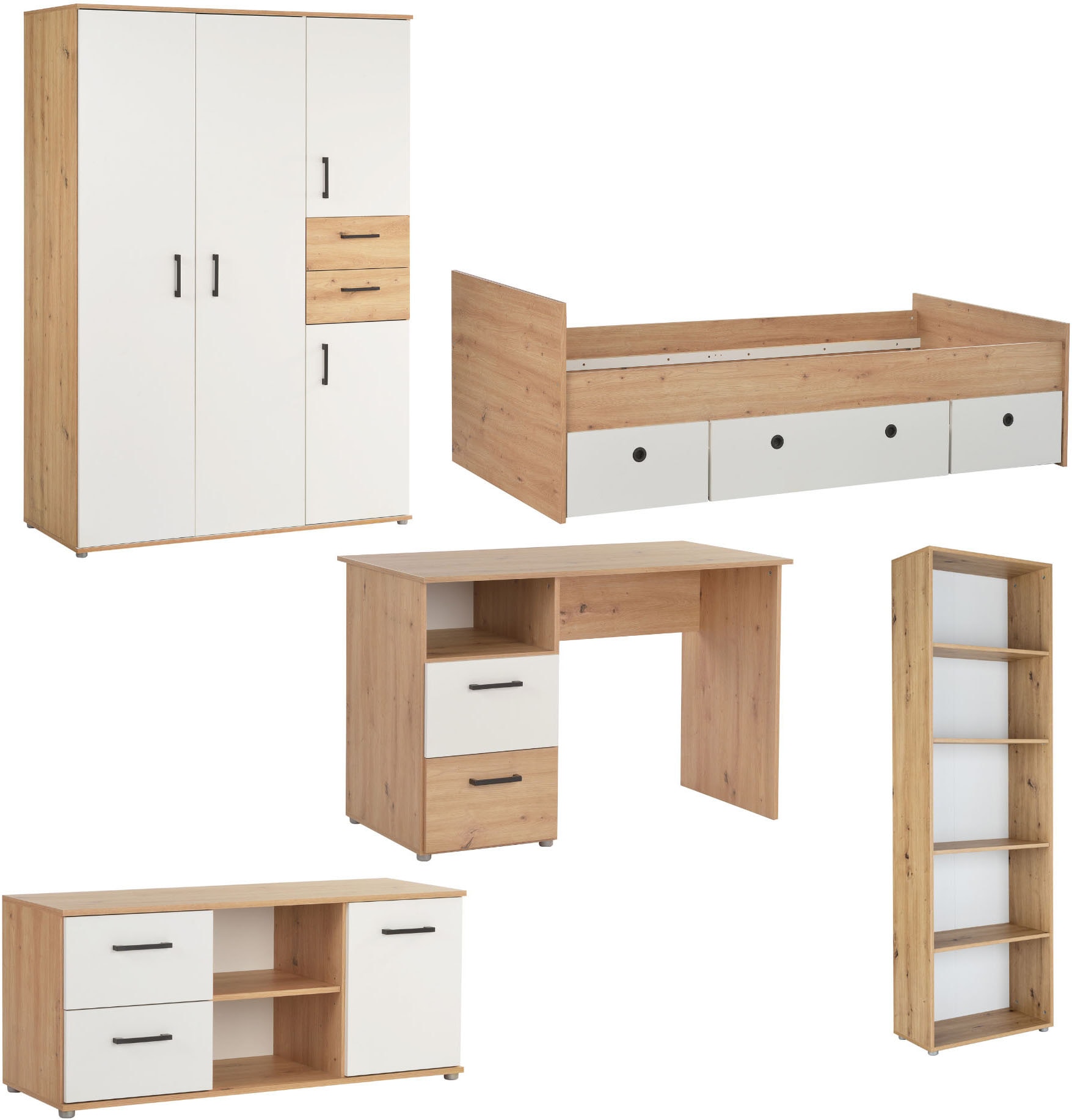 arthur berndt Jugendzimmer-Set "Jugendzimmer-Set "Bente" 5-teilig" 5tlg -Schrank, Bett, Schreibtisch, Sideboard, Standregal, 5 tlg. Stauraumstark, pflegeleicht, zeitlos, Made in Germany
