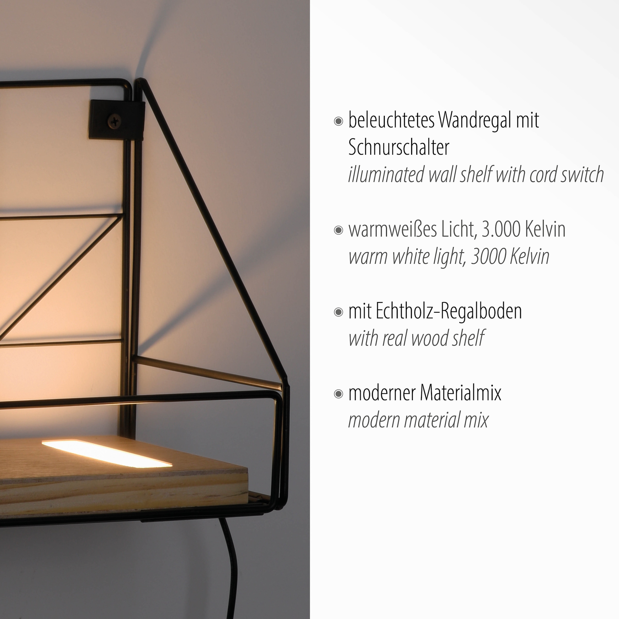 JUST LIGHT Wandleuchte »BOARD«, 1 flammig, Leuchtmittel LED-Board | LED fest integriert, LED, Schalter, Schnurschalter
