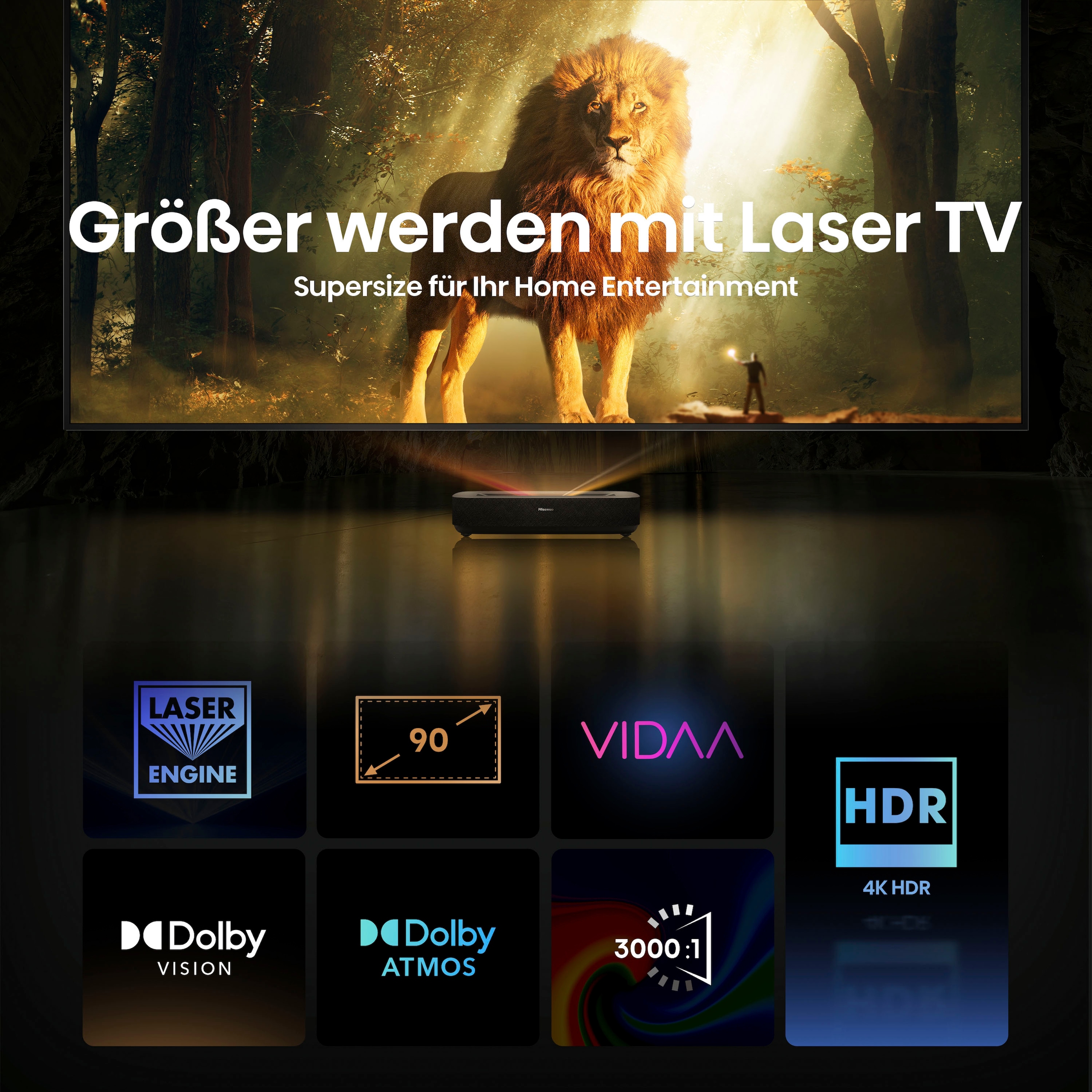 Hisense DLP-Beamer »Hisense 90L5HD Daylight Screen (90 Zoll) Laser Projektor«, 4K, HDR, Game Mode, Dolby Atmos