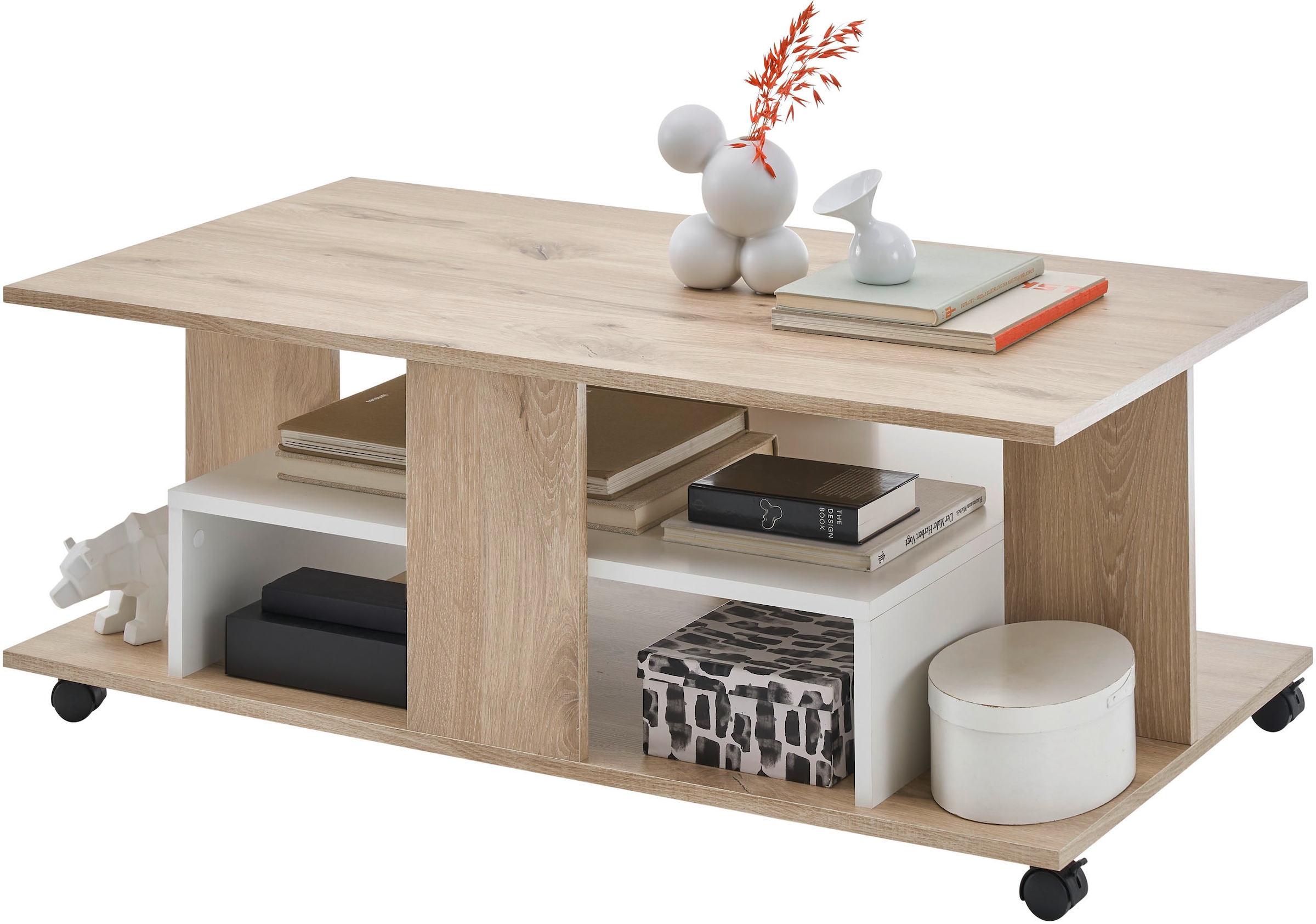 Stolkom Couchtisch »Marti rollbar mit Ablageböden, Rima Oak weiß, BxHxT 110x42,5x60 cm«, Rollbar, mehrere Ablageböden in Rima Oak weiß