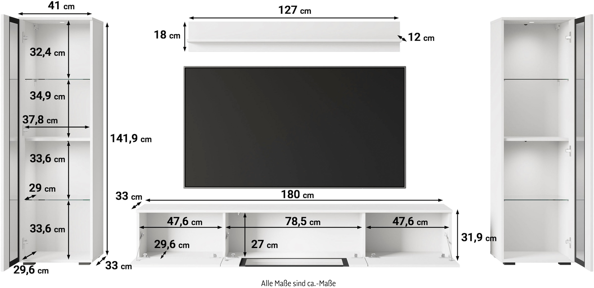 INOSIGN Wohnwand »Caro, stehend und hängend montierbar«, (Komplett-Set, 4 St., Vitrine Türanschlag links/rechts wechselbar), grifflose Design, höhenverstellbare Einlegeböden