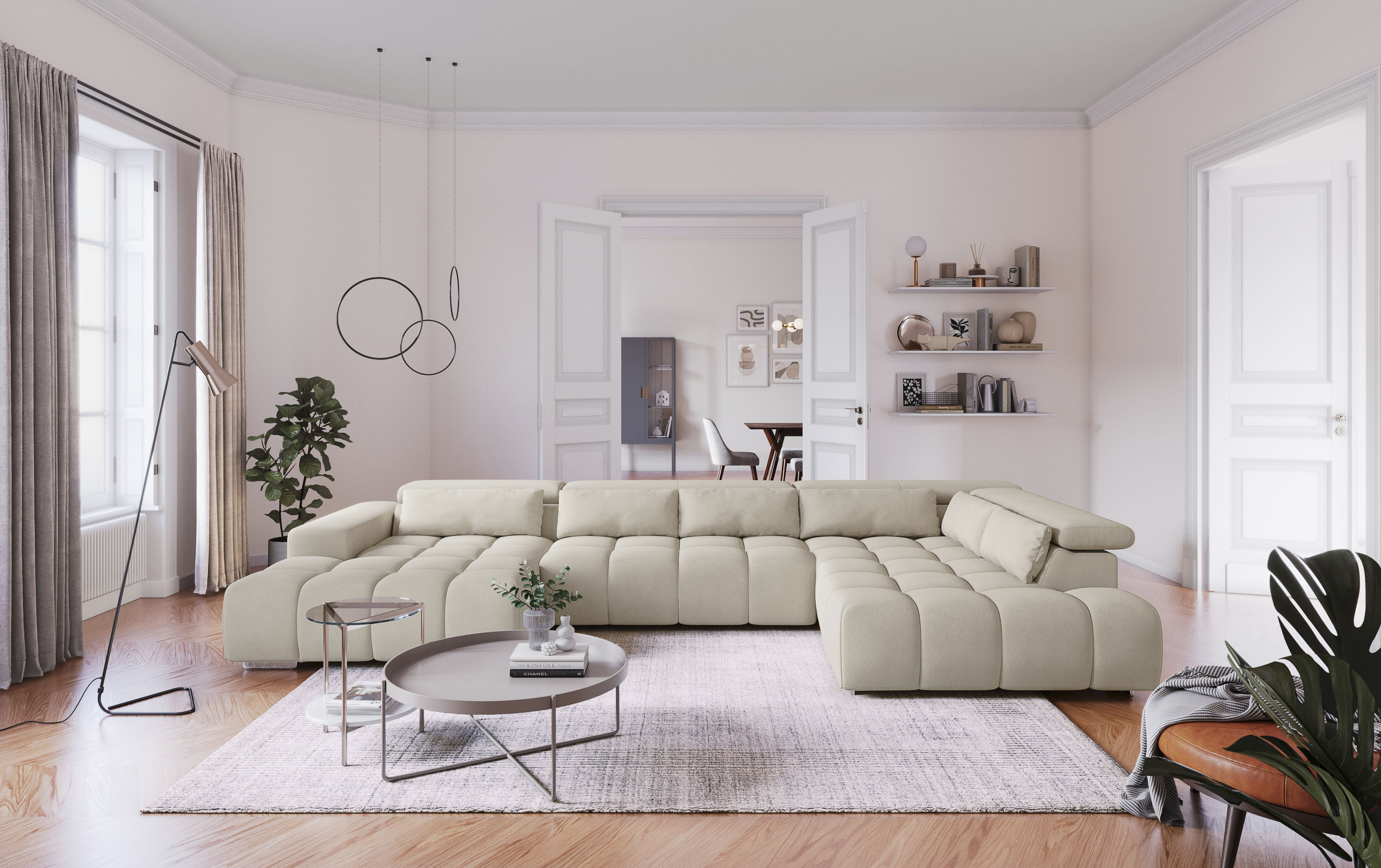 COTTA Wohnlandschaft "Orion U-Form XXL, B: 409 cm, bequeme Wellenunterfederung, top modern" mit Kopfteilverstellung & 6 Nierenkissen