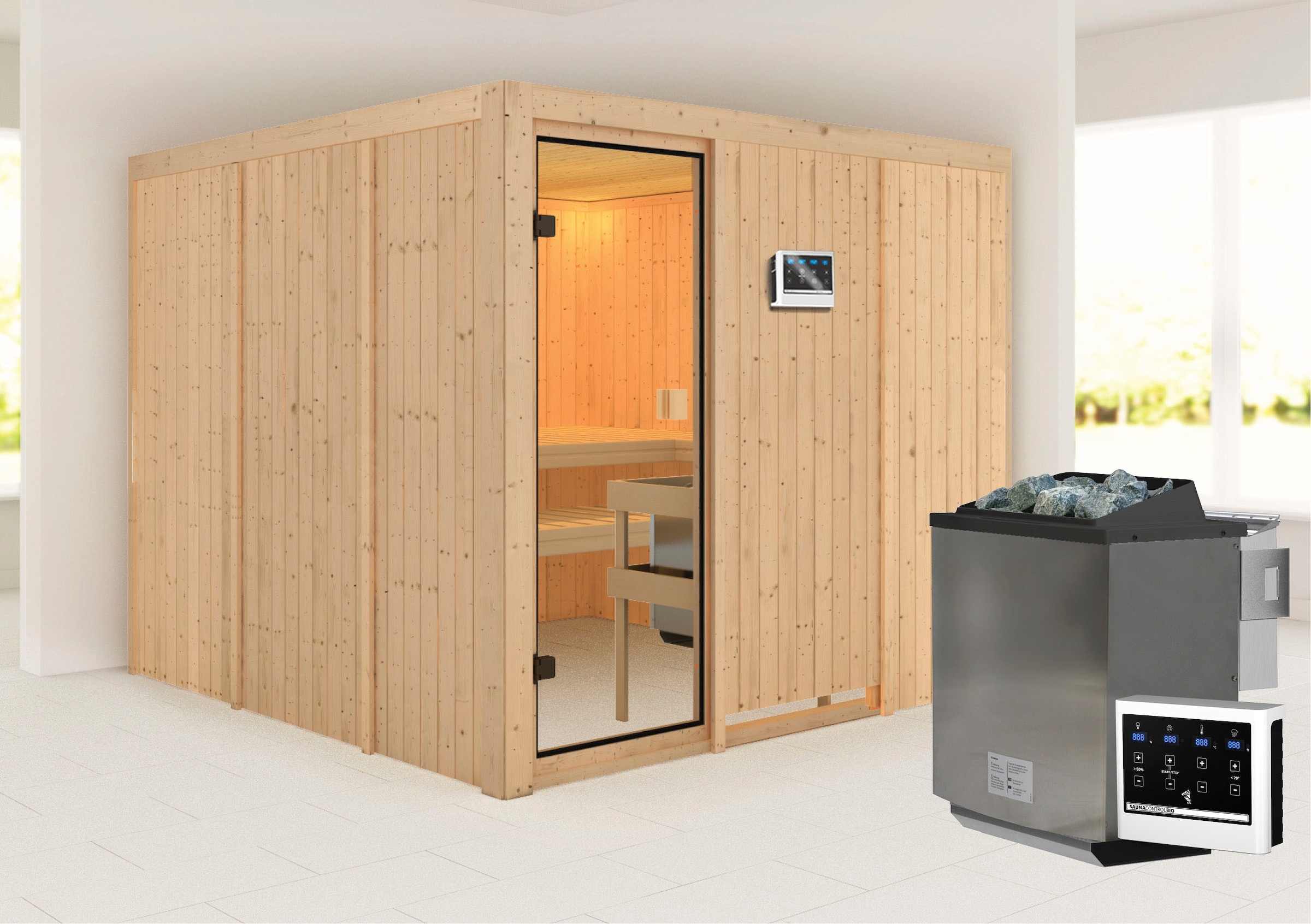 KARIBU Sauna "Arvika", Bio-Kombiofen, (ohne Ofen)naturbelassen, Saunen, mit integrierter Mineralwolldämmung