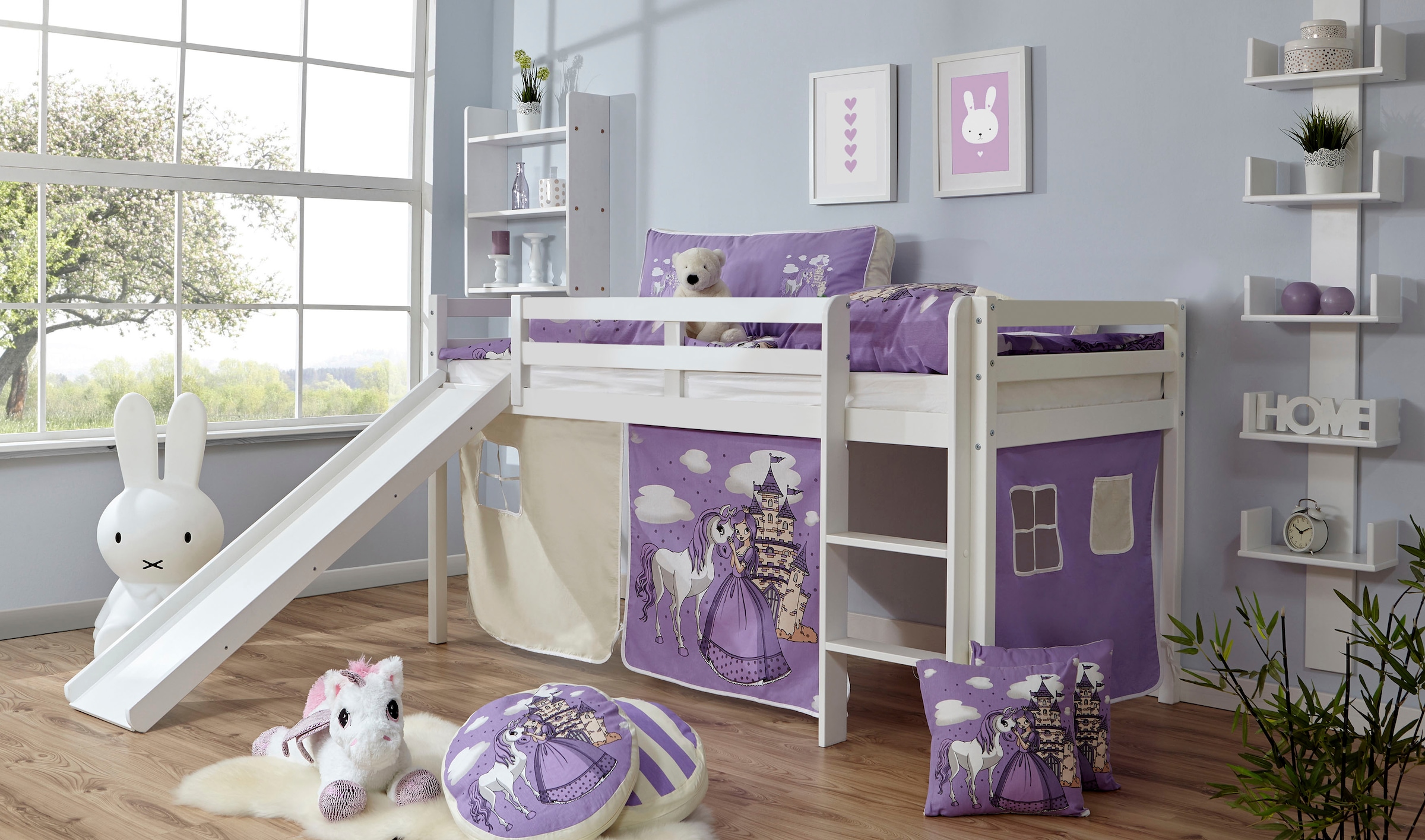 Ticaa Hochbett »Rene«, mit Rollrost und Textil-Set wahlweise mit Matratze, Buche