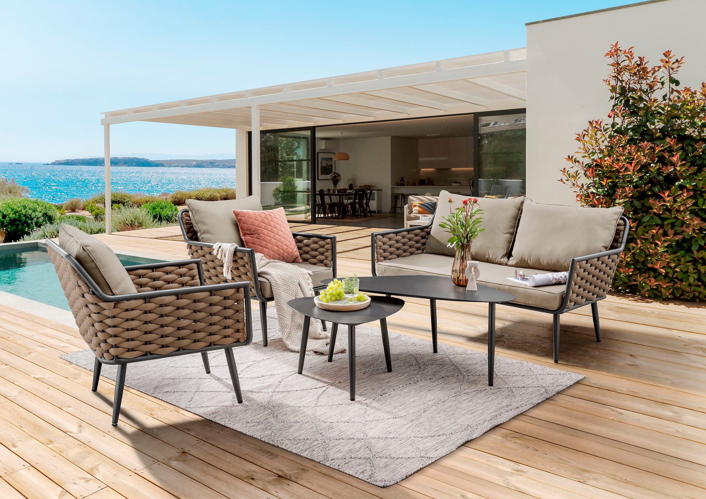 Destiny Gartenlounge-Set »RAVENNA«, (Set, 12 tlg., 1x 2er Sofa, 2x Sessel, 2x Tisch, inkl. Auflagen), Aluminium, Rope, Tische 109x60x45 cm und 60x60x40 cm