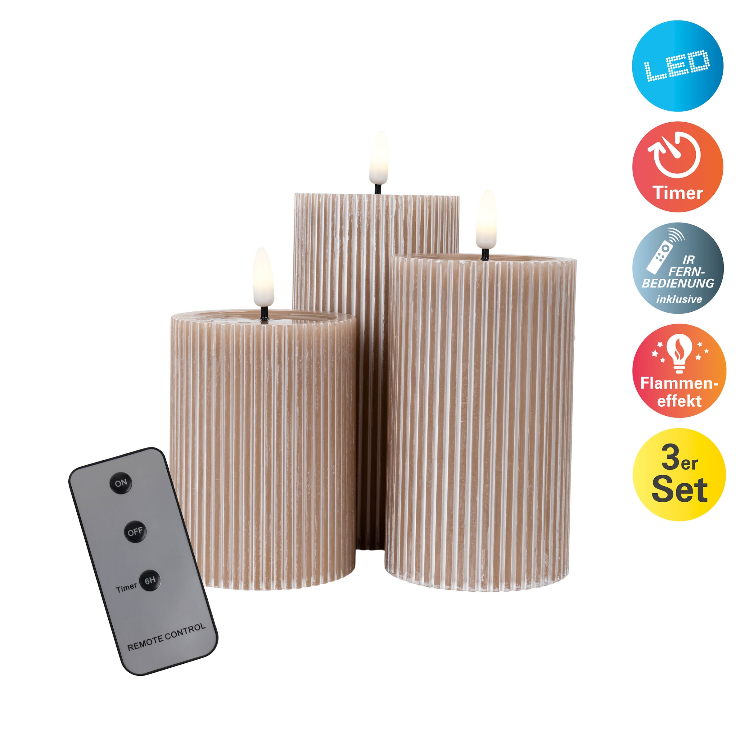 "NÄVE LED Dekolicht ""Nuria"", beige, 3, Ø 7,5cm, 3 Stk., Leuchten, 3er-Set LED Kerzen warmweiß, Echtwachs, Timer, Flammeneffekt"