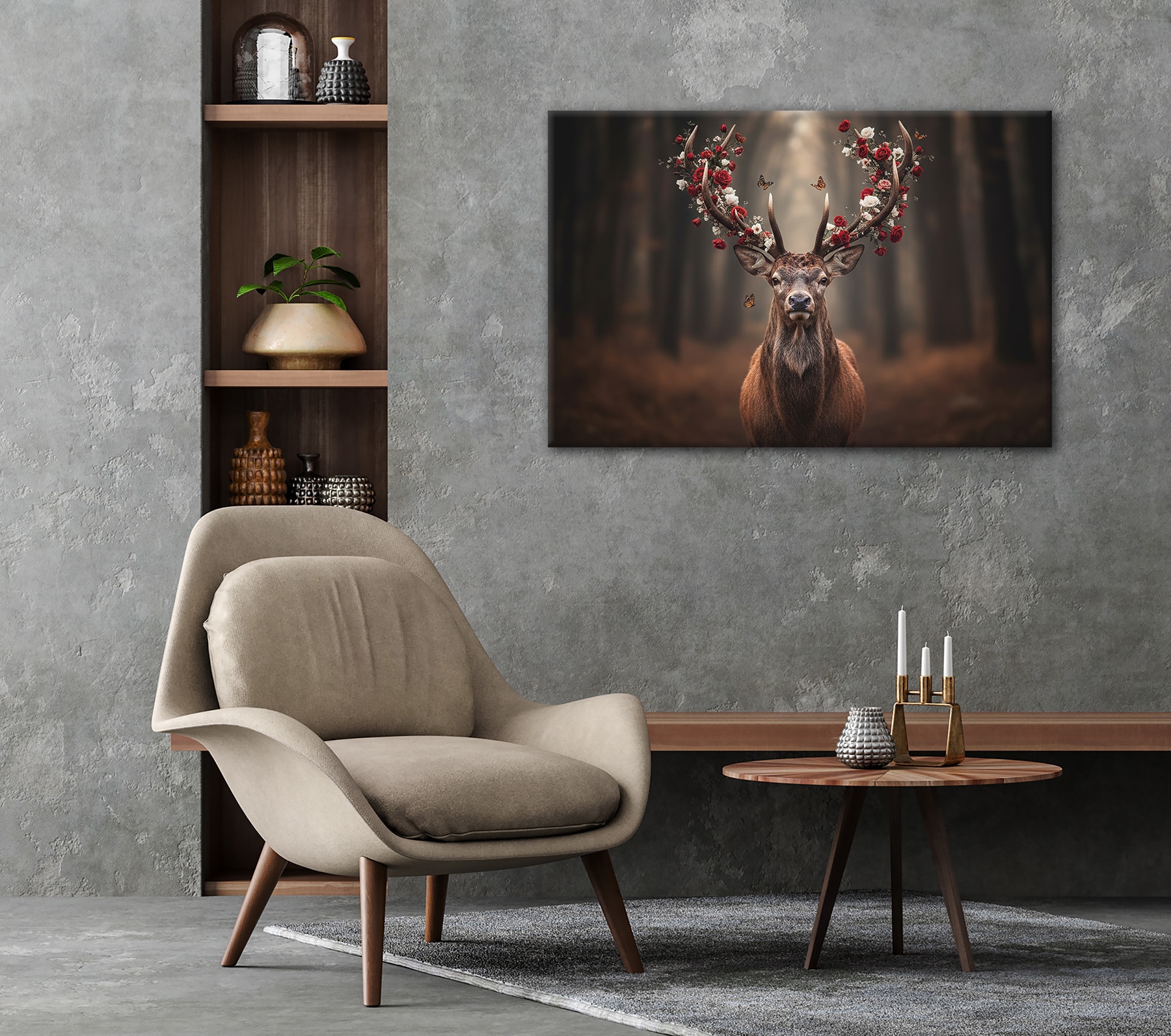 Bönninghoff Bild »HIRSCH MIT BLUMEN 60x90 cm – Leinwandbild Keilrahmen Deko modern«