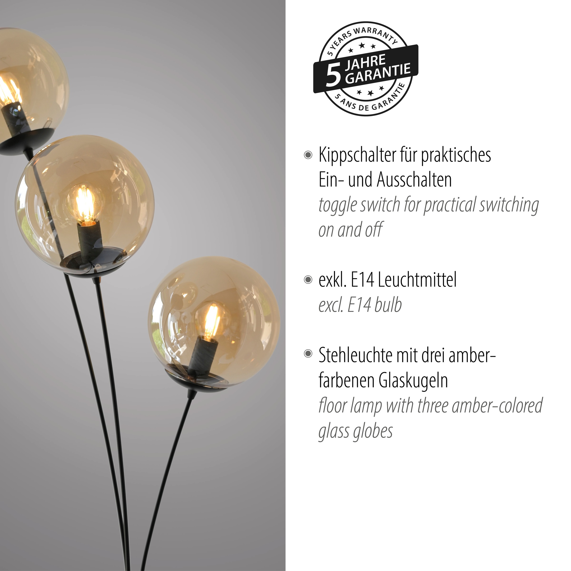 andas Stehlampe »Nymölla«, 3 flammig, Leuchtmittel E14 | ohne Leuchtmittel, Stehleuchte mit großen Glaskugeln amberfarben oder opal matt weiß