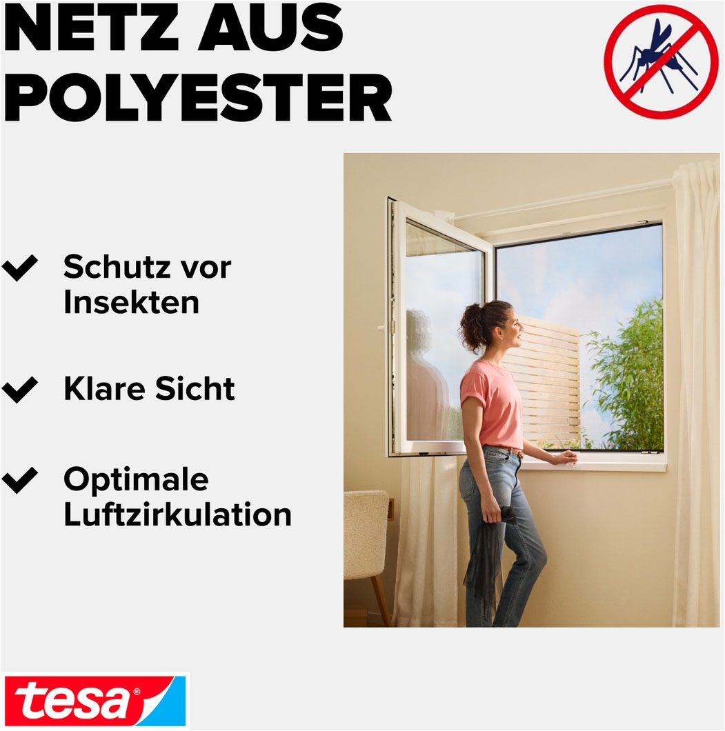 tesa Fliegengitter-Gewebe »Premium für Fenster, Insektenschutz mit Klettband - 170x180 cm« Packung, Fliegennetz, Klettband, Andrück und Schneidehilfe, 1 Stk. tlg. mit starkem Klettband, rückstandsfrei entfernbar, zuschneidbar