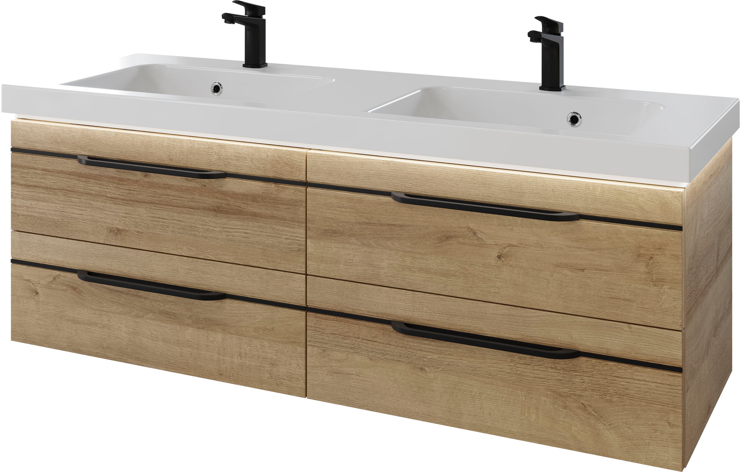 Saphir Badmöbel-Set »Balto 2-teilig Mineralmarmor-Doppelwaschtisch mit LED-Spiegel«, (2 St.), Waschplatz 150 cm breit, 4 Schubladen, inkl. Schubladendämpfer