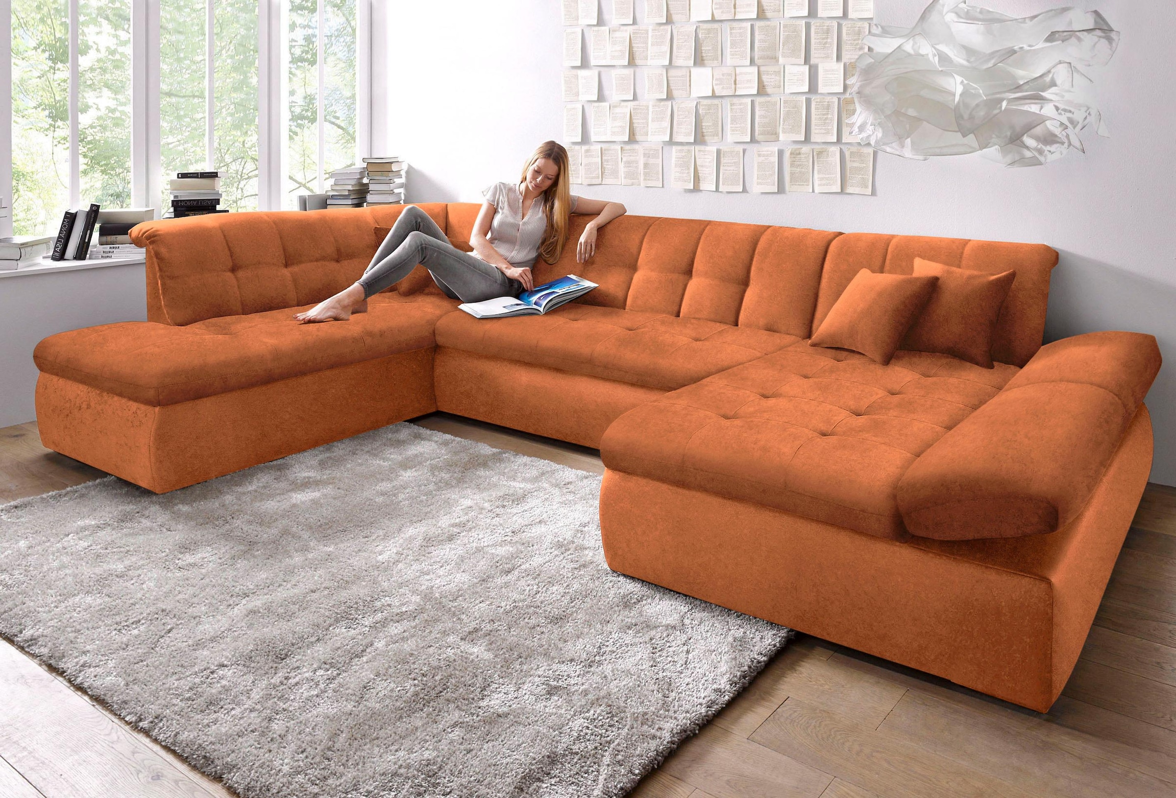 DOMO collection Wohnlandschaft »NMoric im XXL-Format, B/T/H: 353/216/80 cm, incl. Zierkissen U-Form«, wahlweise mit Bettfunktion und Armlehnenverstellung