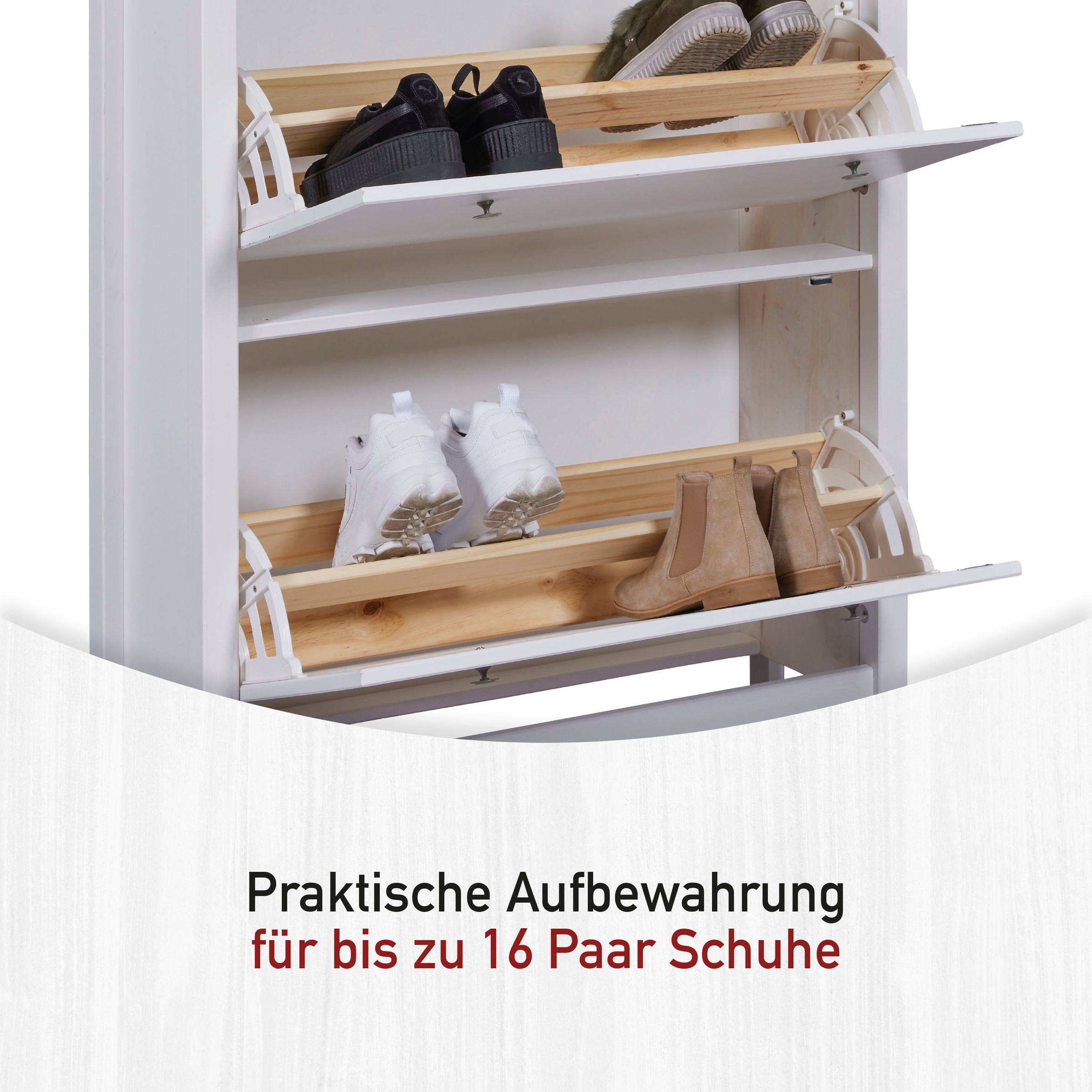 Inter Link Schuhkommode »Pinora, Kiefer Massivholz, Weiss, 90 x 30 x 127 cm, 16 paar Schuhe« 1 Stk. tlg. Schuhkipper im modernem Skandi Look, 2 Klappen, 1 Schublade