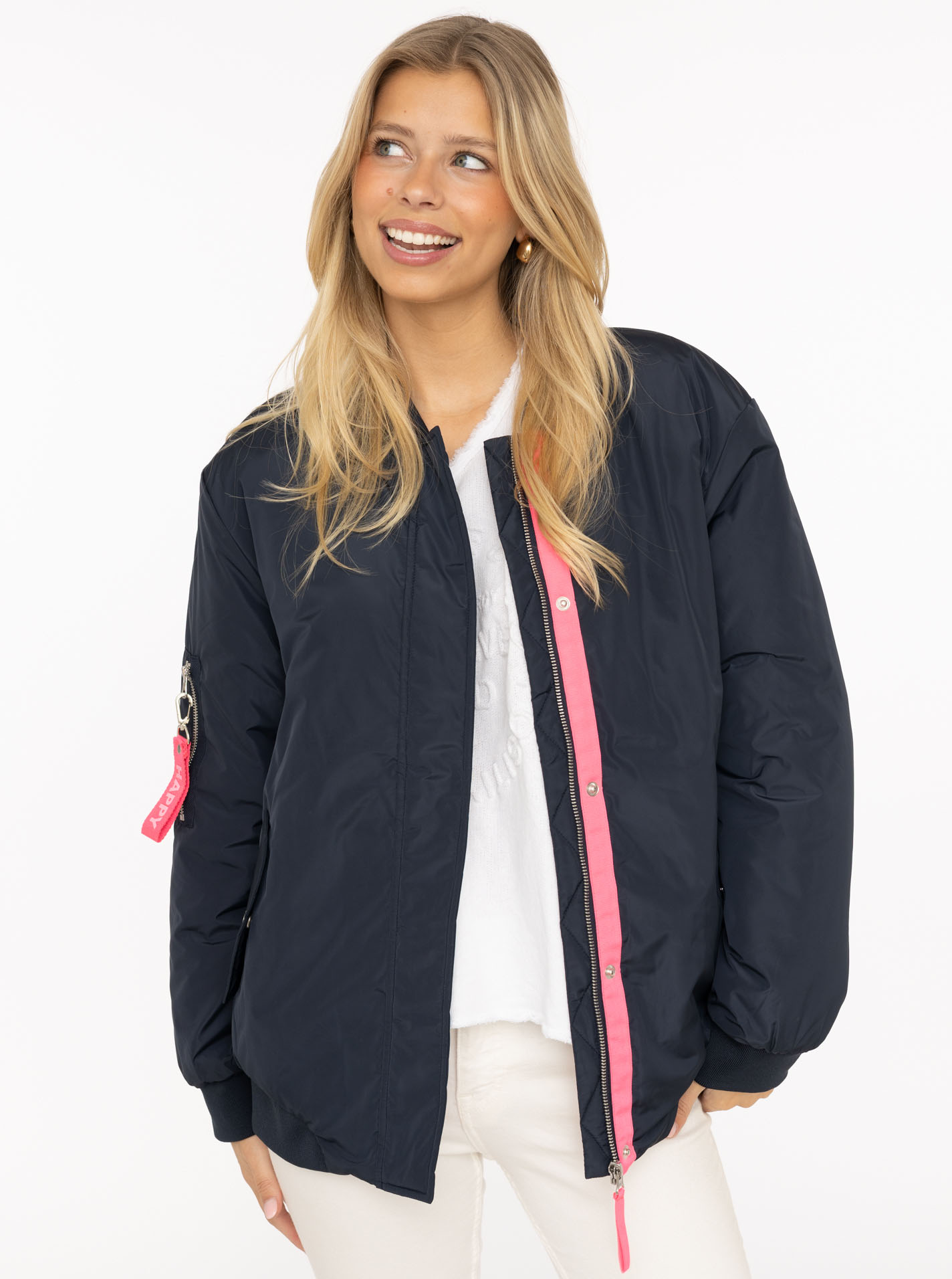 Zwillingsherz Bomberjacke ""Happy"" ohne Kapuze Oversize-überschnittene Schulter, Patten-Taschen