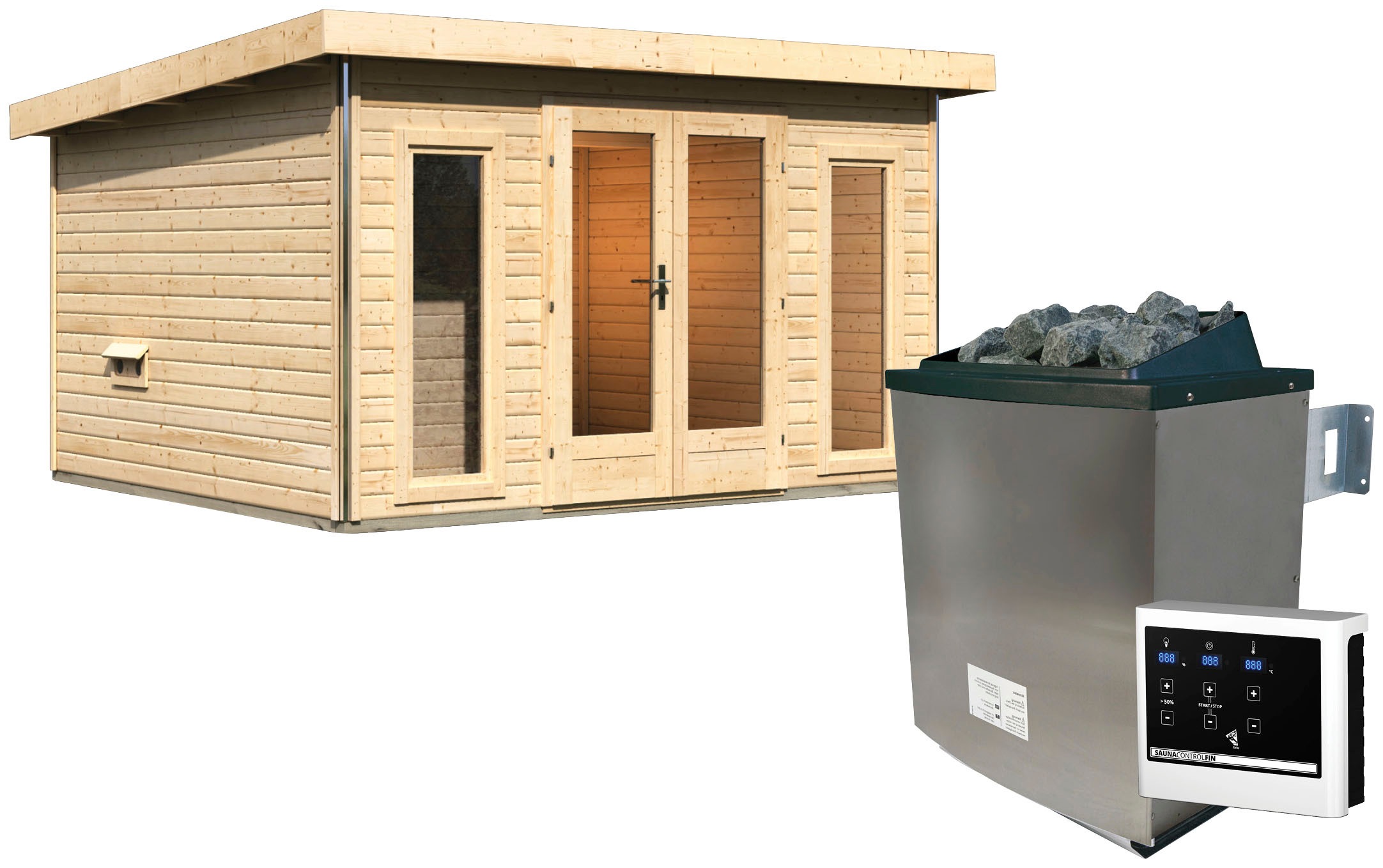 KARIBU Saunahaus "Maiko 2A", Saunaofen, externe Steuerung, 9 kW, beige, Garten, Saunen, Ofen 9 KW externe Strg easy