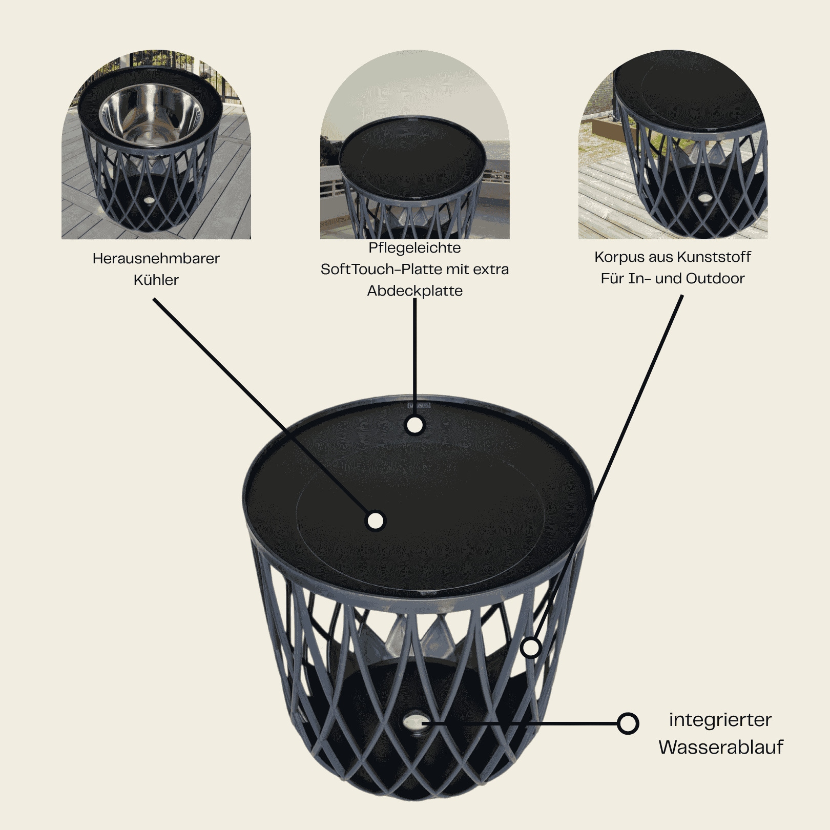 COOTAB Cooler Table Beistelltisch »4-in-1 Loungetisch mit Acryl-Weinkühler Dubai 45 cm schwarz« 1 Stk. tlg. Wetterfest, Pflegeleicht, Hitzebeständig, Stapelbar