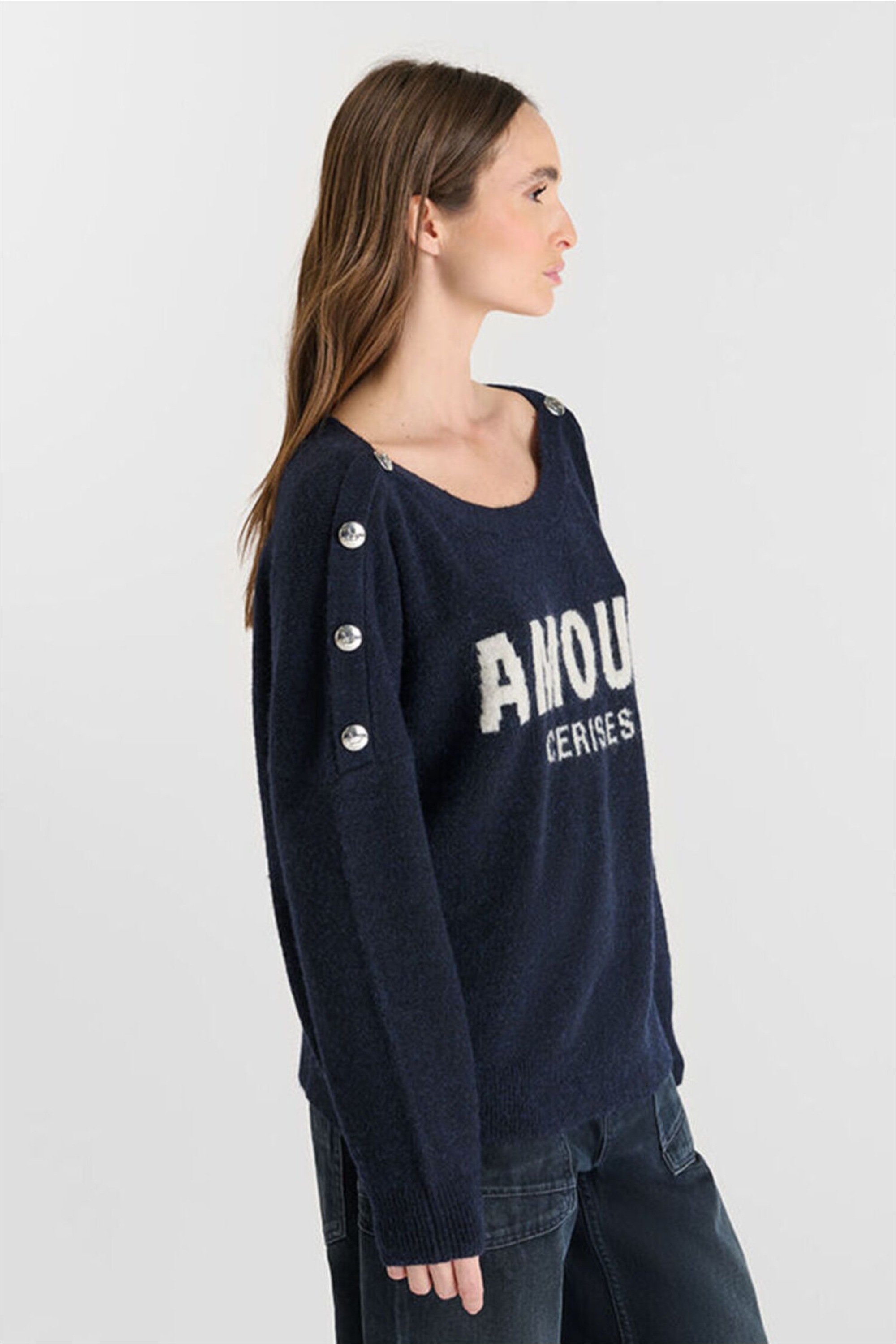 Le Temps Des Cerises Strickpullover »GALLI« mit Knopf-Elementen und Front-Schriftzug