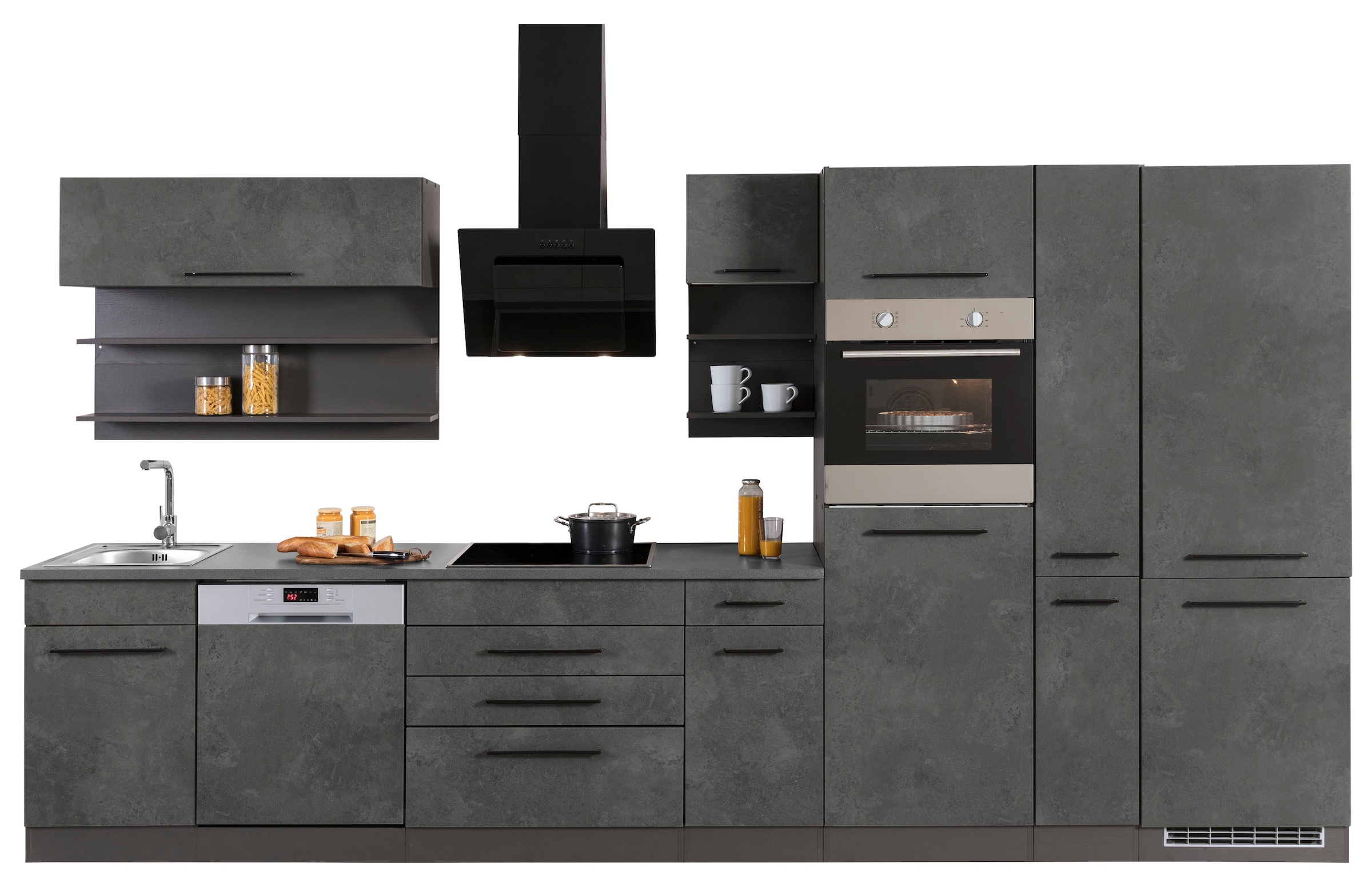 Virtuvės baldų komplektas »KS-Tulsa« su įmontuota buitinė technika plotis 380 cm juodos spalvos Metallgriffe MDF Fronten