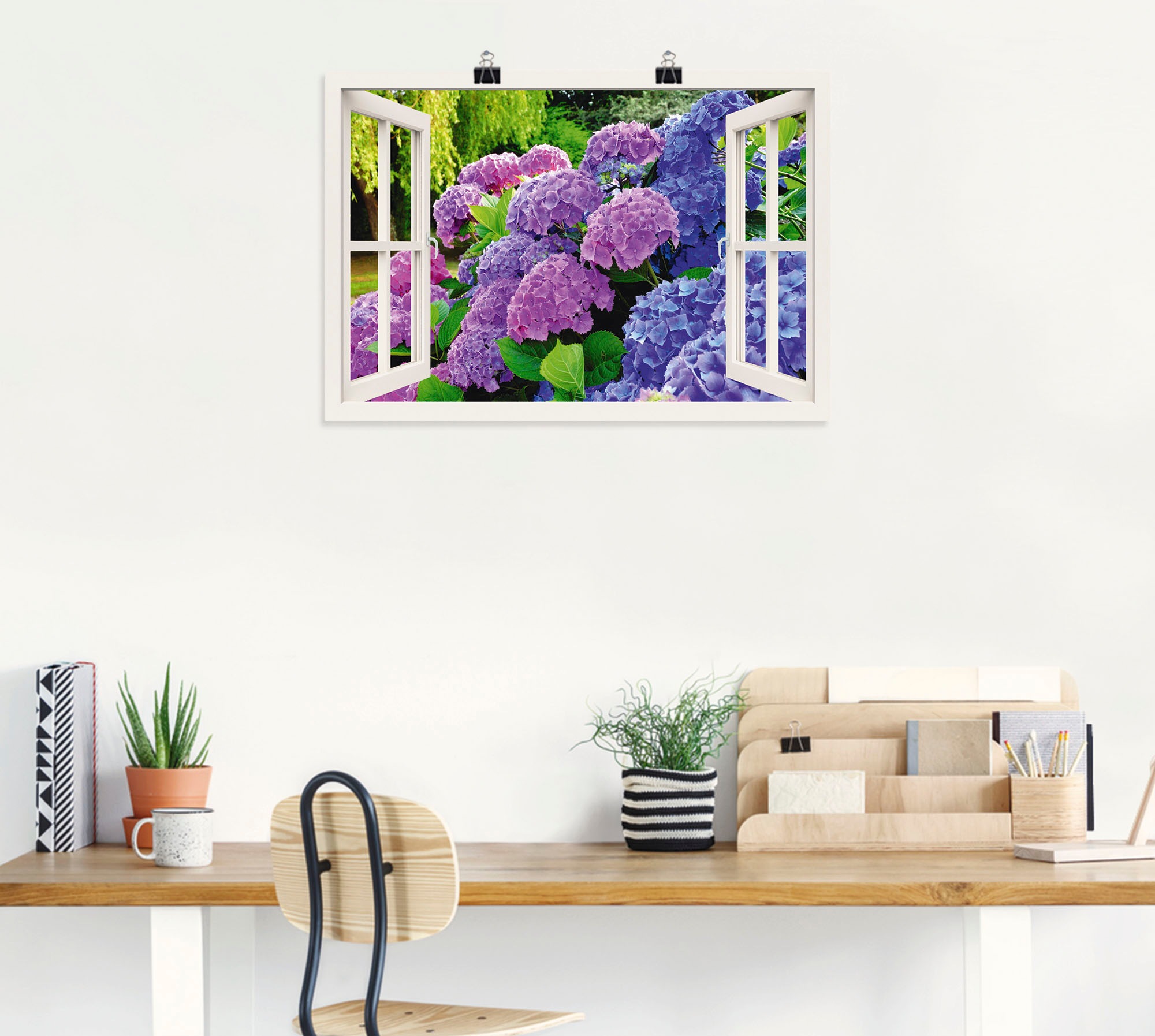 Artland Wandbild »Fensterblick Hortensien im Garten« Blumen 1 Stk. tlg. ohne Rahmen