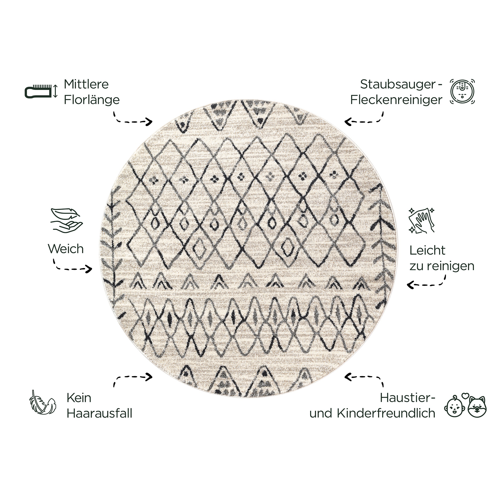 Thumbnail - Sanat Teppich "Boho 8200" rund 10 mm Höhe Kurzflor, robust, Boho, Scandic, für Fussbodenheizung geeignet