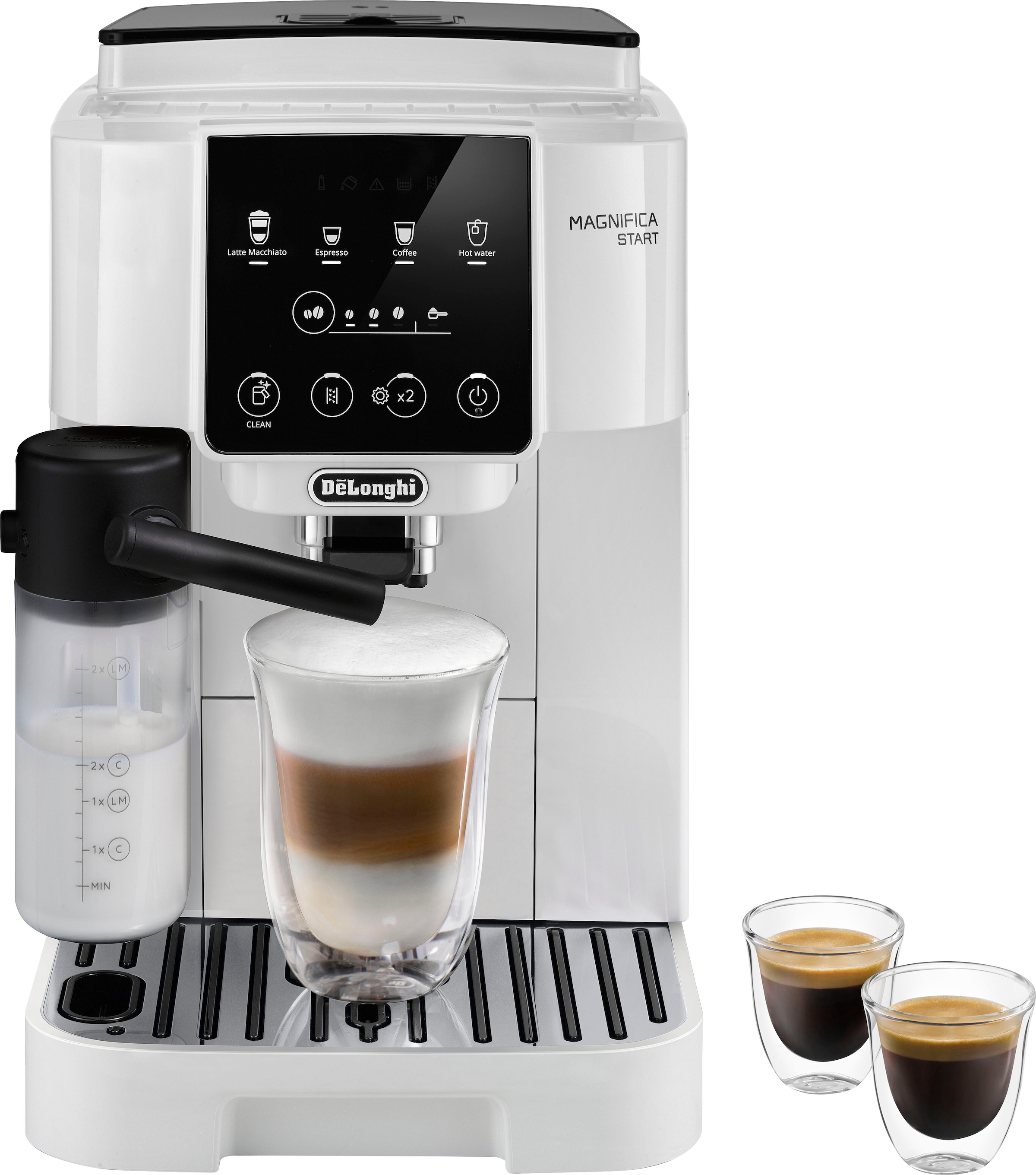 DeLonghi "Magnifica Start ECAM220.61.W - 4 Rezepte, perfekter Milchschaum, weiß" 250g-Bohnenbehälter + Behälter für Filterkaffee, autom. Reinigung