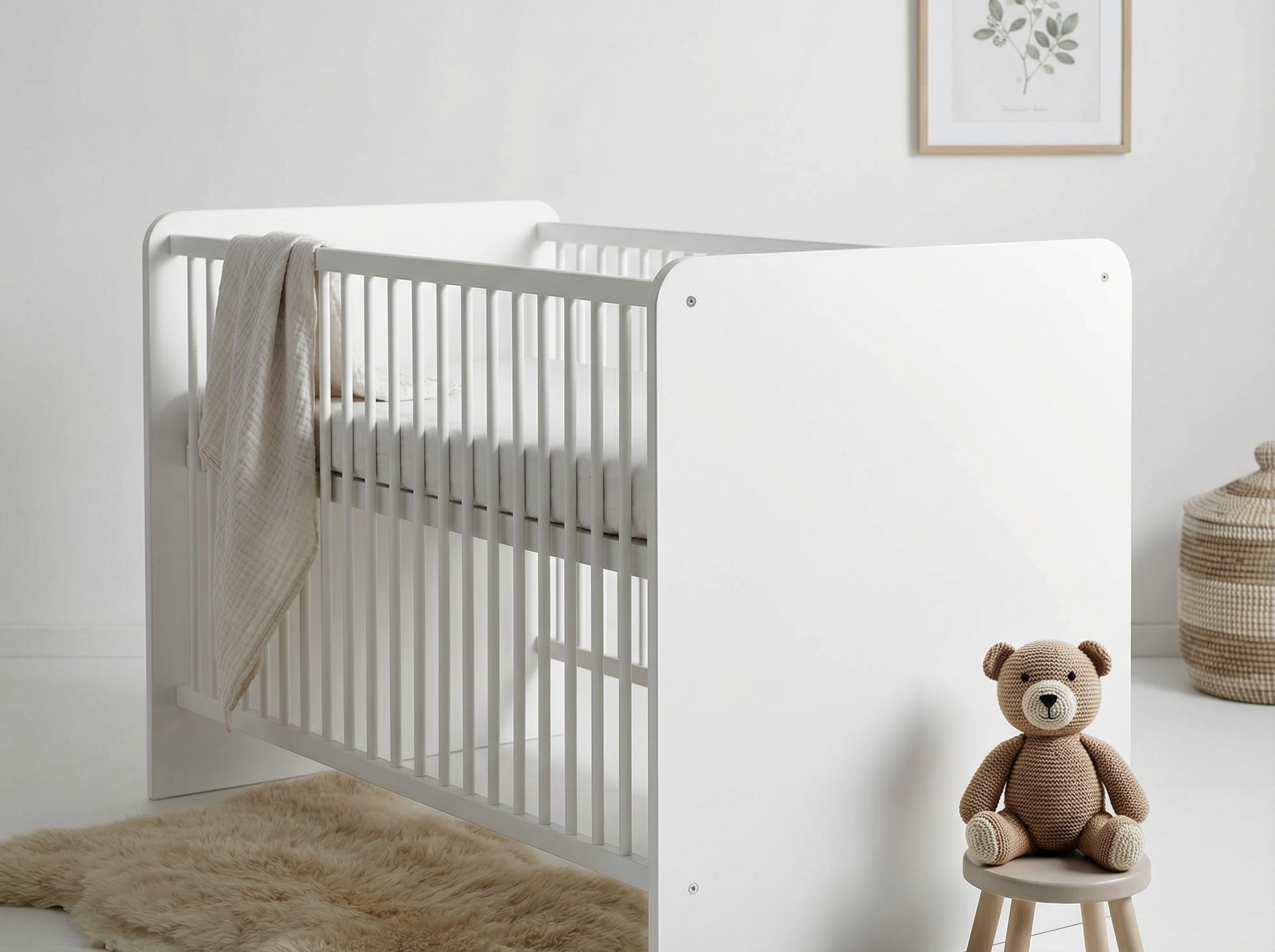 Babybett BEGABINO, B:82cm H:81cm L:144cm, weiß, Holzwerkstoff, Babybetten, "Bibo", mit Schlupfsprossen