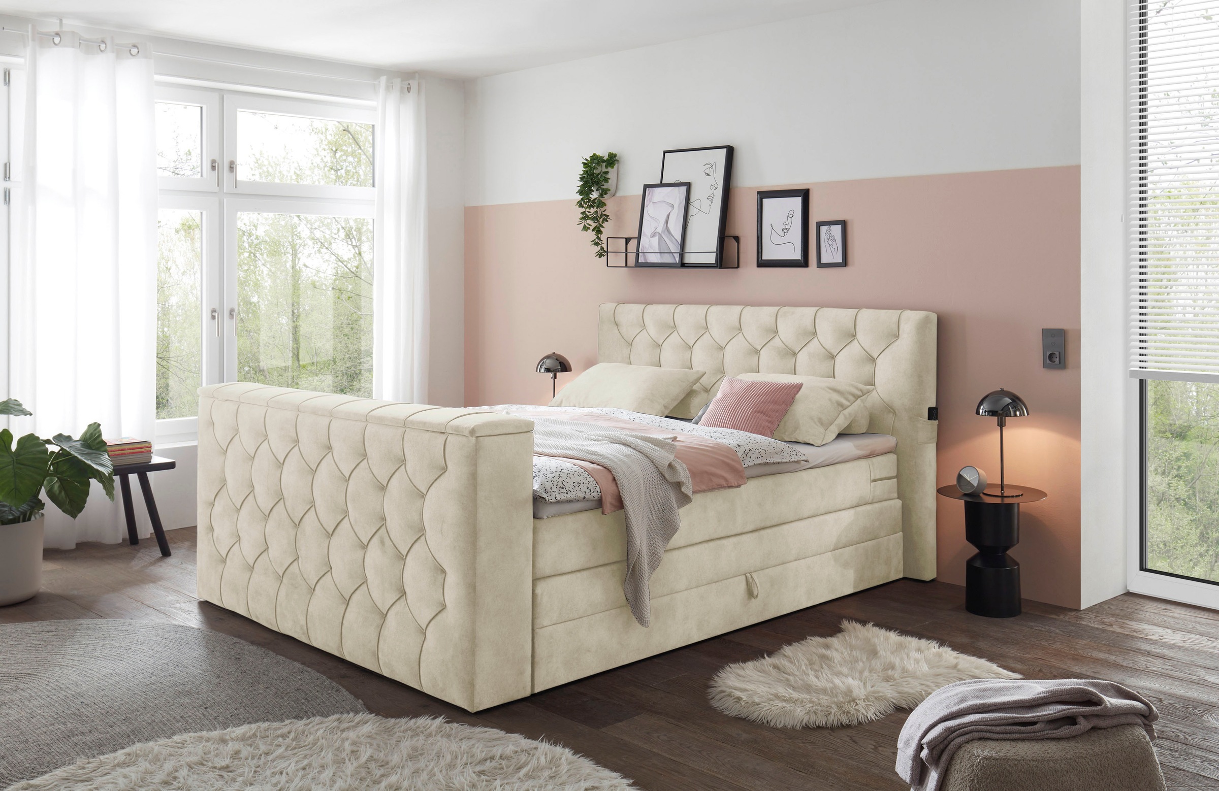 ED EXCITING DESIGN Boxspringbett »Springdale«, mit Bettkasten, motorisierter TV-Halterung, Duo-Matratze (H3/H4)