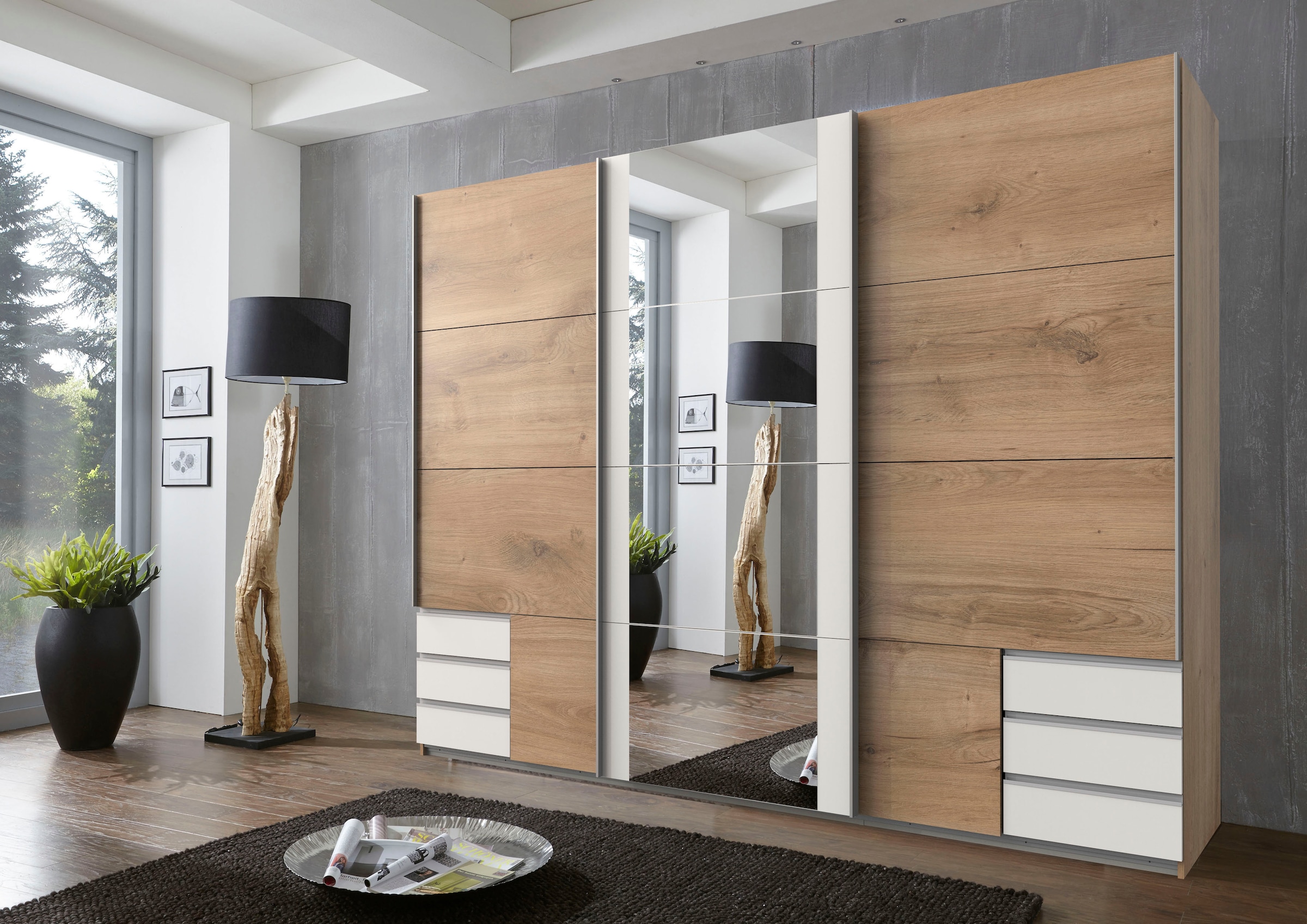 Wimex Schwebetürenschrank »Emden moderner Kleiderschrank mit Spiegel und Schubladen BESTSELLER«, Schlafzimmer Schrank Garderobenschrank mit Schwebetüren Topseller