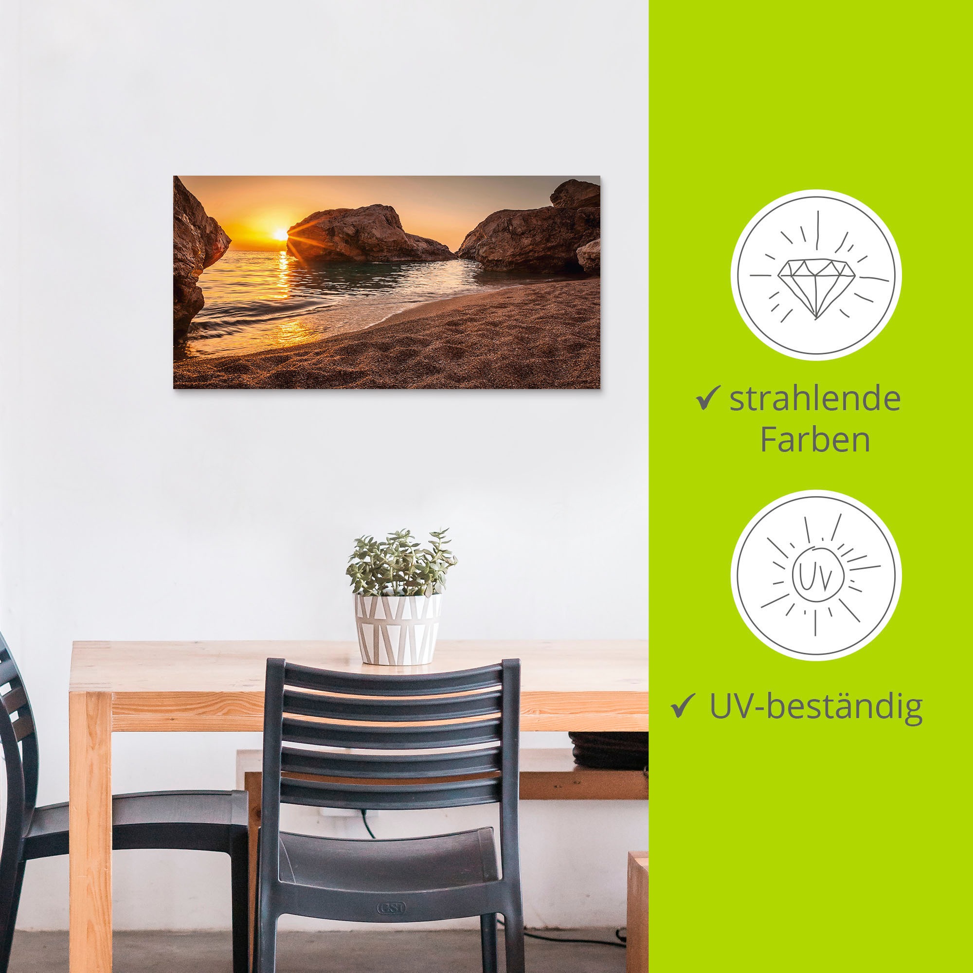Artland Wandbild »Sonnenuntergang und Strand«, Strand, (1 St.), als Alubild, Outdoorbild, Leinwandbild, Poster, Wandaufkleber
