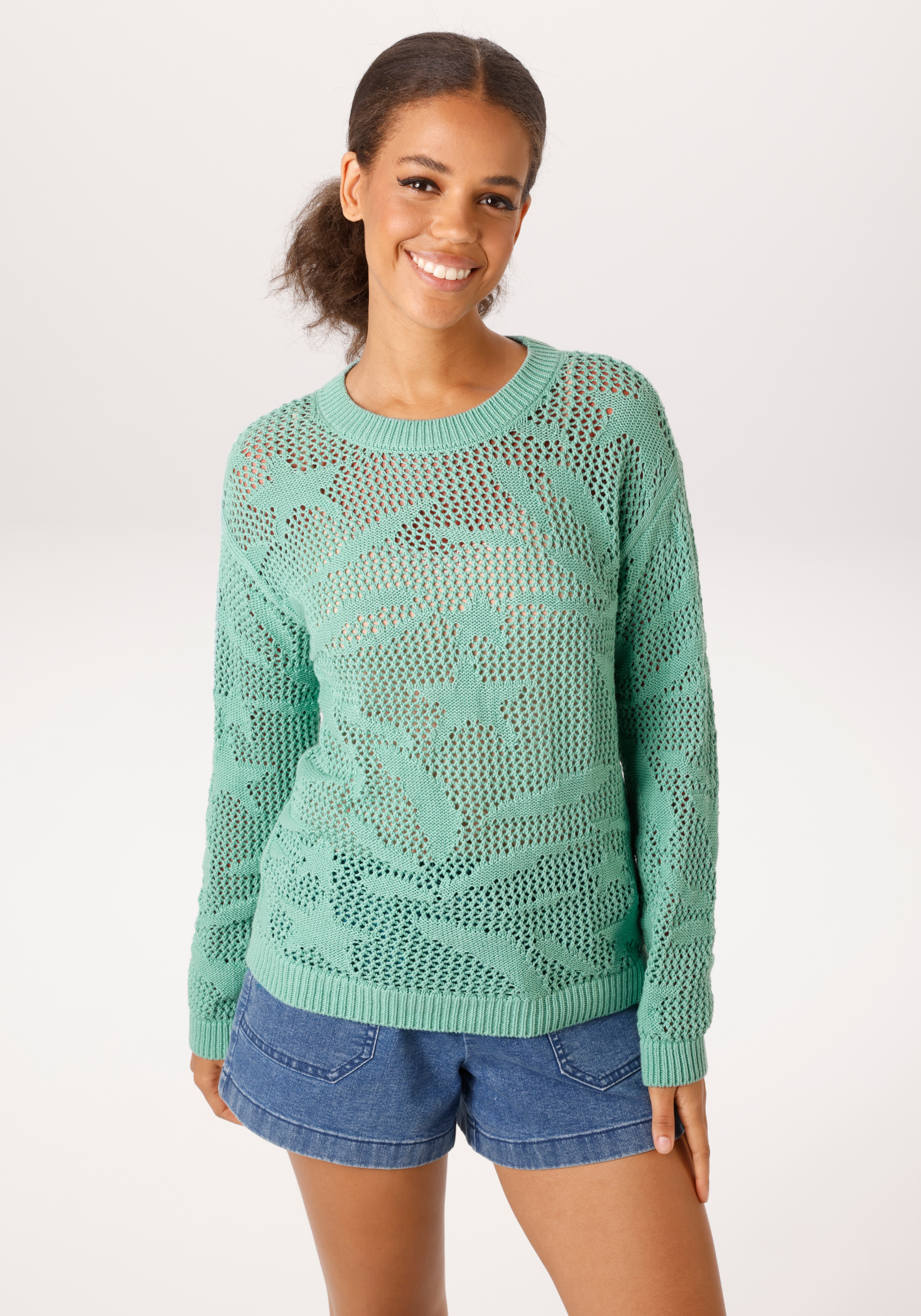Aniston CASUAL Strickpullover im trendigen Ajour-Muster mit eingestrickten Motiven