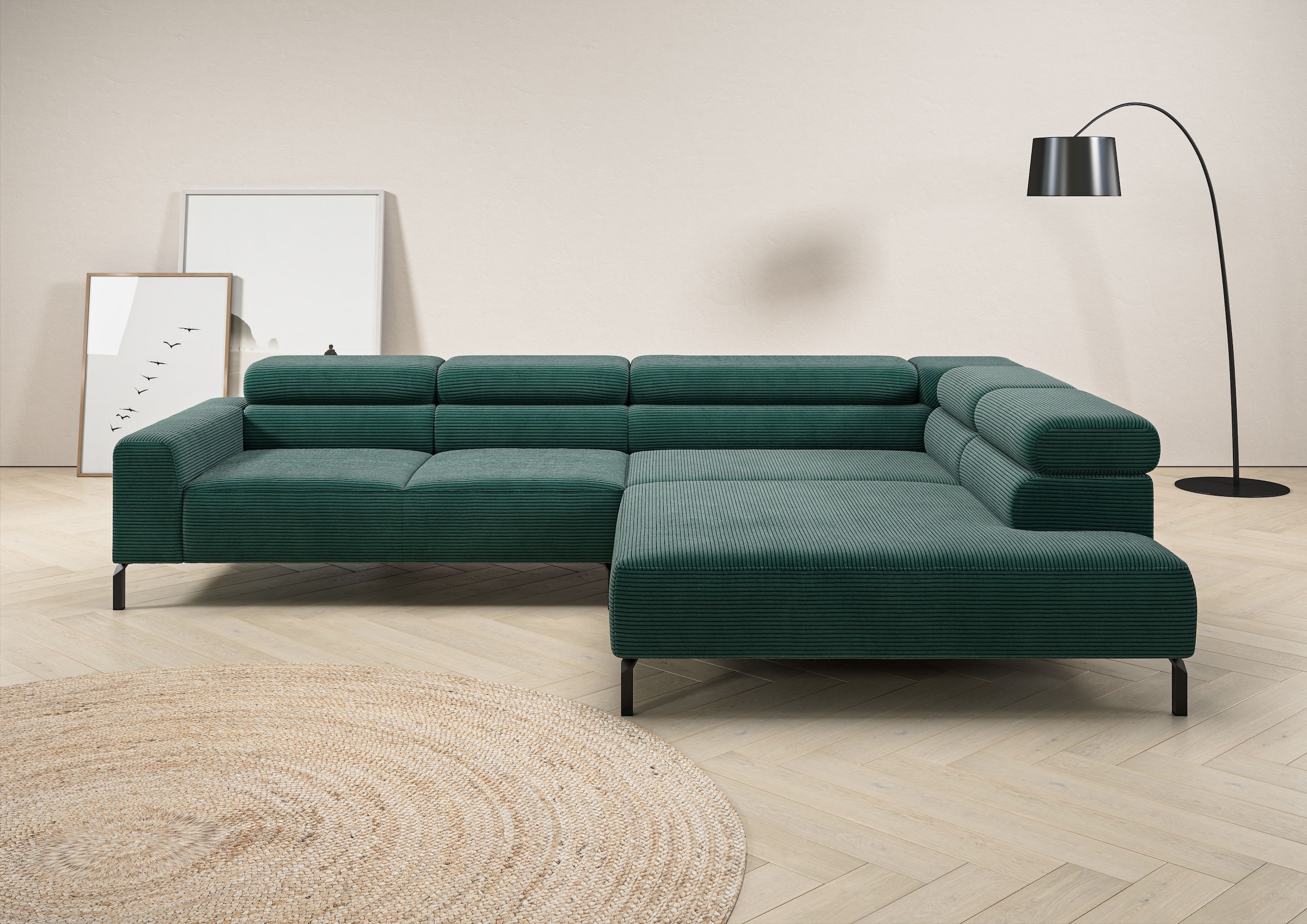 Home affaire Ecksofa "Antonelli, L-Form, incl. Kopfteilverstellung, Breite 312 cm" ohne Sitztiefenverstellung, in Cord, grün