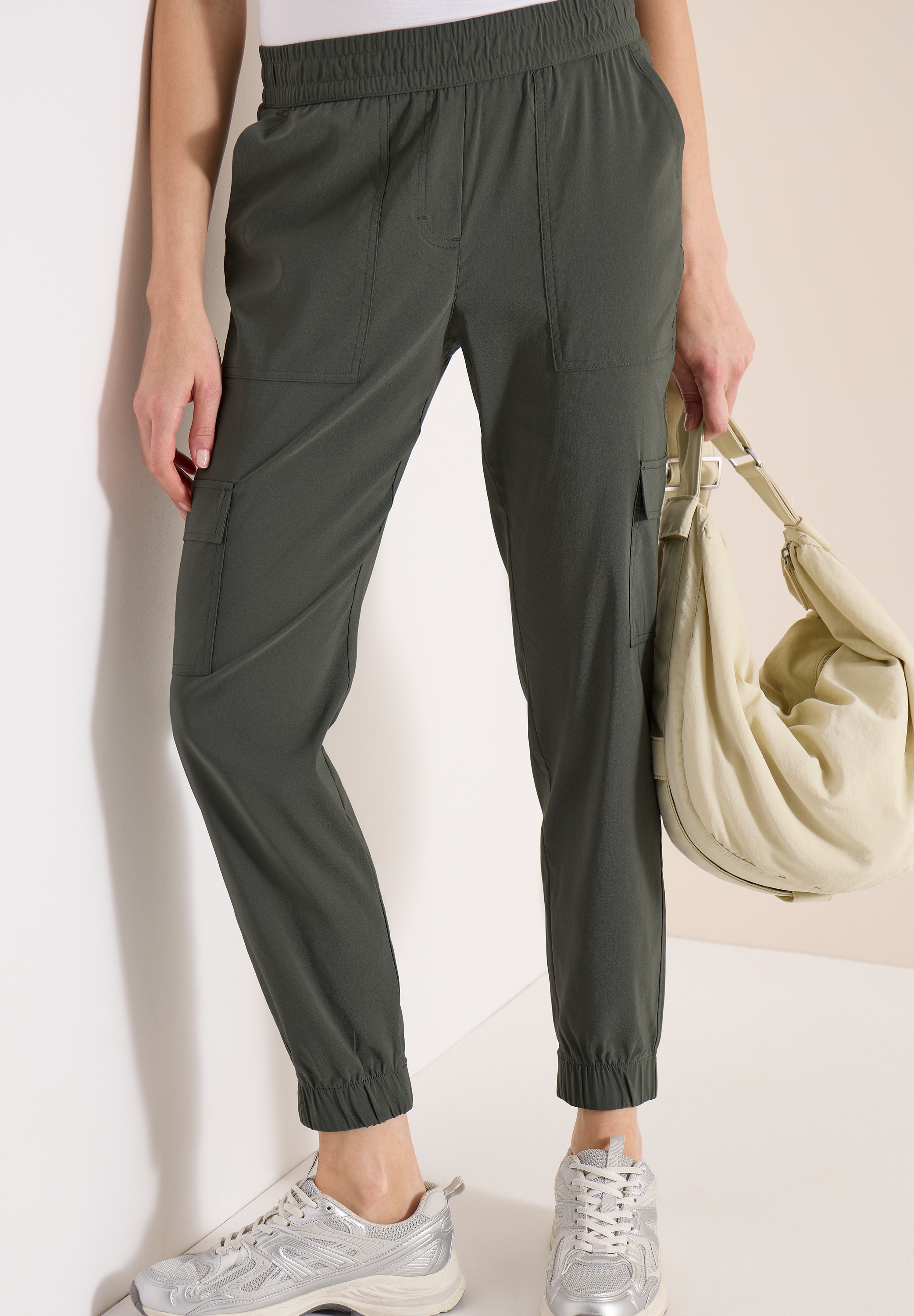 Cargohose CECIL, Damen, Gr. 3XL, Länge 28, clear khaki, Web, 66% Baumwolle, 30% Polyester, 4% Elasthan, unifarben, loose fit knöchelfrei, Hosen Cargohose, im Loose Fit