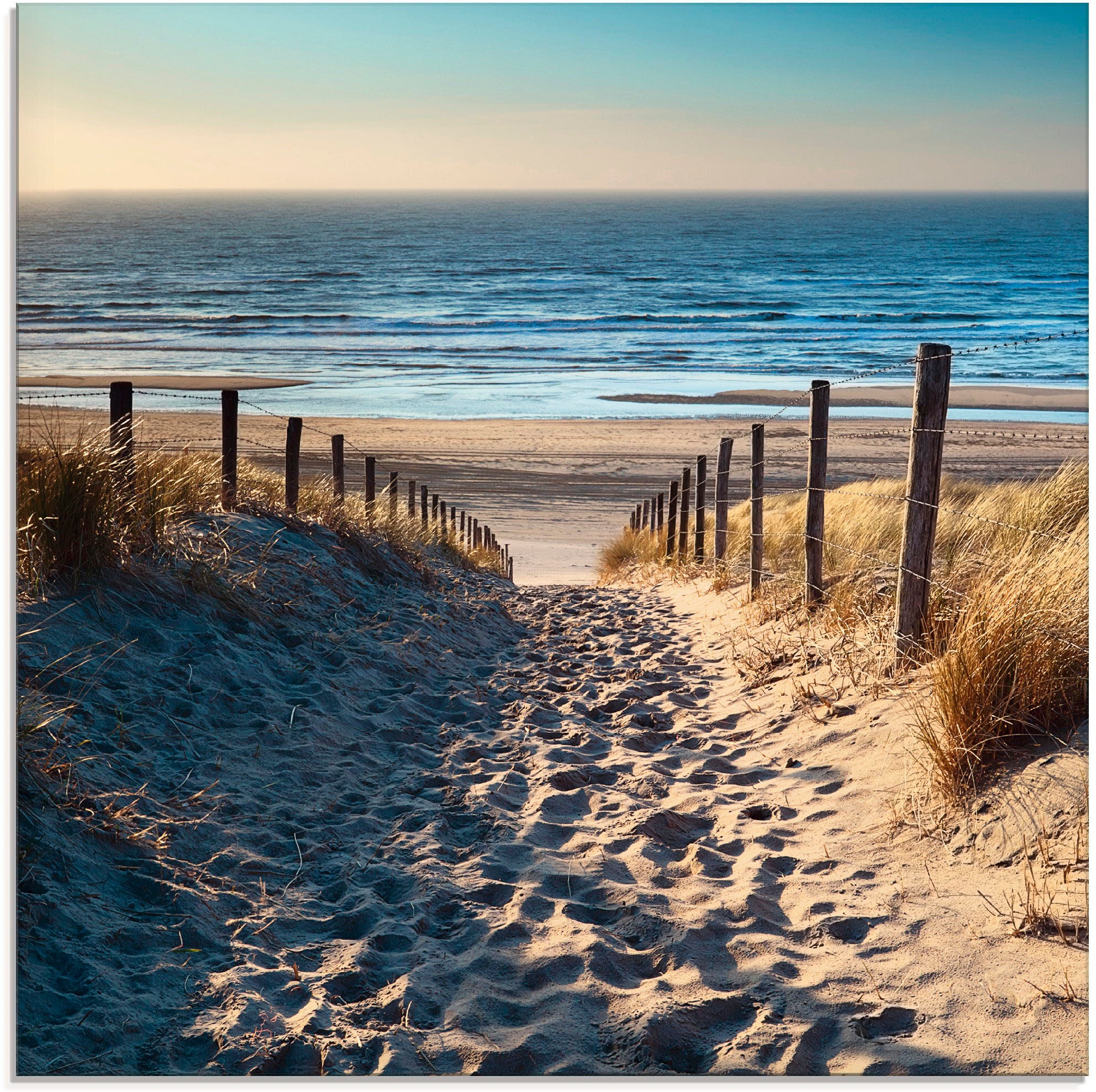 Glasbild »Weg zum Nordseestrand Sonnenuntergang«, Strand, (1 St.), in verschiedenen...