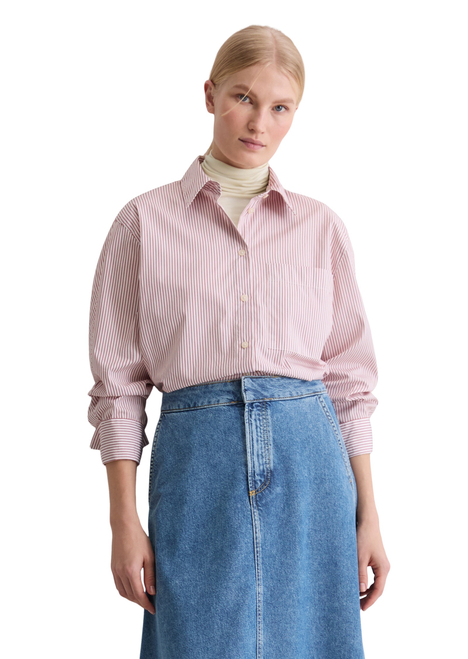 Langarmbluse MARC O'POLO "aus Premium-Baumwoll-Popeline", Damen, Gr. 44, medium rot, Obermaterial: 100% Baumwolle, gestreift, oversize normal, Manschette, Blusen