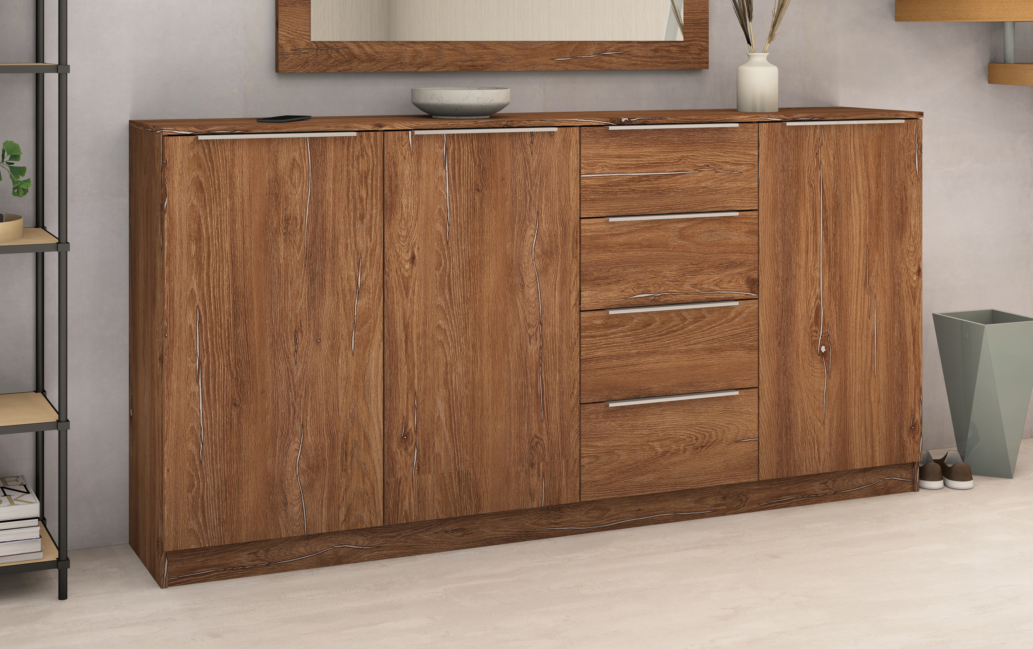 borchardt Möbel "Oliva, Breite 200cm, moderne Kommode mit glänzenden Metallgriffen" viel Stauraum, Türen und Schubladen, Einlegeböden verstellbar