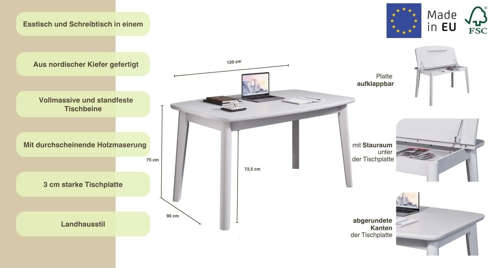Home affaire Esstisch »Palermo, multifunktionaler Tisch, Arbeitstisch, Schreibtisch«, mit Stauraum, Platte aufklappbar, Home Office Schreibtisch, Massivholz