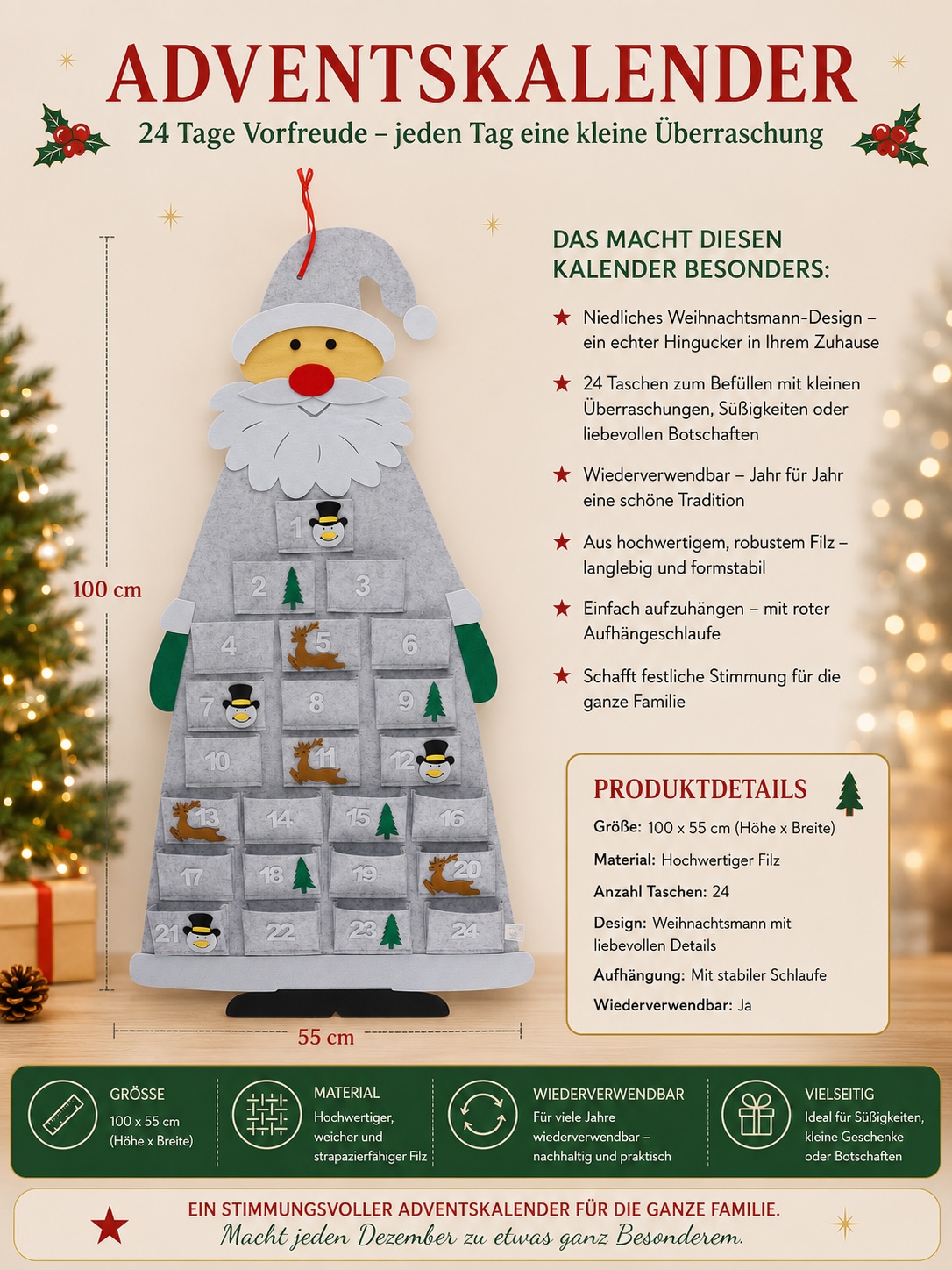 OTTO home Adventskalender »Weihnachtsmann aus Filz mit 24 unbefüllten Taschen« Es liegt keine Altersempfehlung vor ca. 100x55cm, zum Hängen an Tür oder Wand, wiederverwendbar