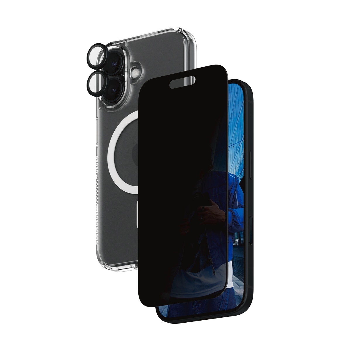PanzerGlass Displayschutzglas »3-in-1 Privacy Protection«, für Apple iPhone 16, (Set, 3 St., bestehend aus Ultra-Wide Fit Privacy Glass, Hoops, Case), Displayschutzfolie, Set, Kameraglas, Cover, MagSafe, kratz- & stoßfest