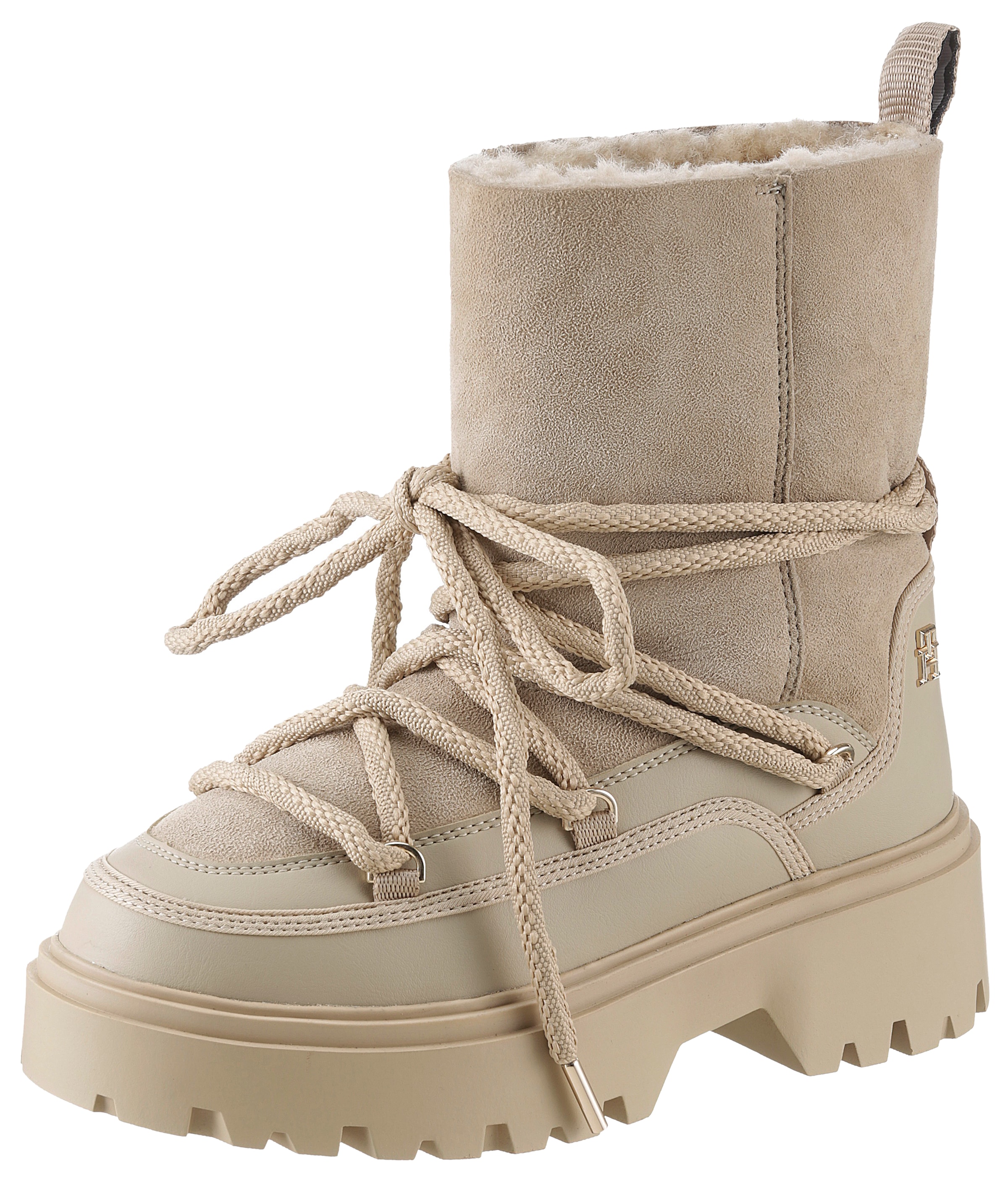 Tommy Hilfiger Snowboots "REAL SHEARLING LACE-UP SNOWBOOT", Blockabsatz, Winterboots, Schneestiefel, aufgesetzte Schnüru