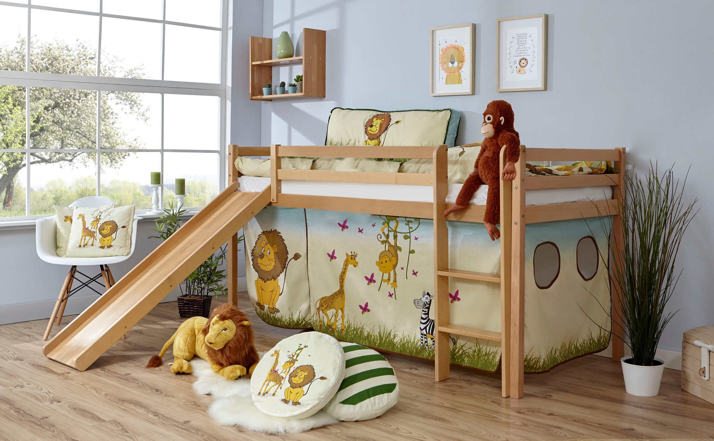 Ticaa Hochbett »Rene«, mit Rollrost und Textil-Set wahlweise mit Matratze, Buche