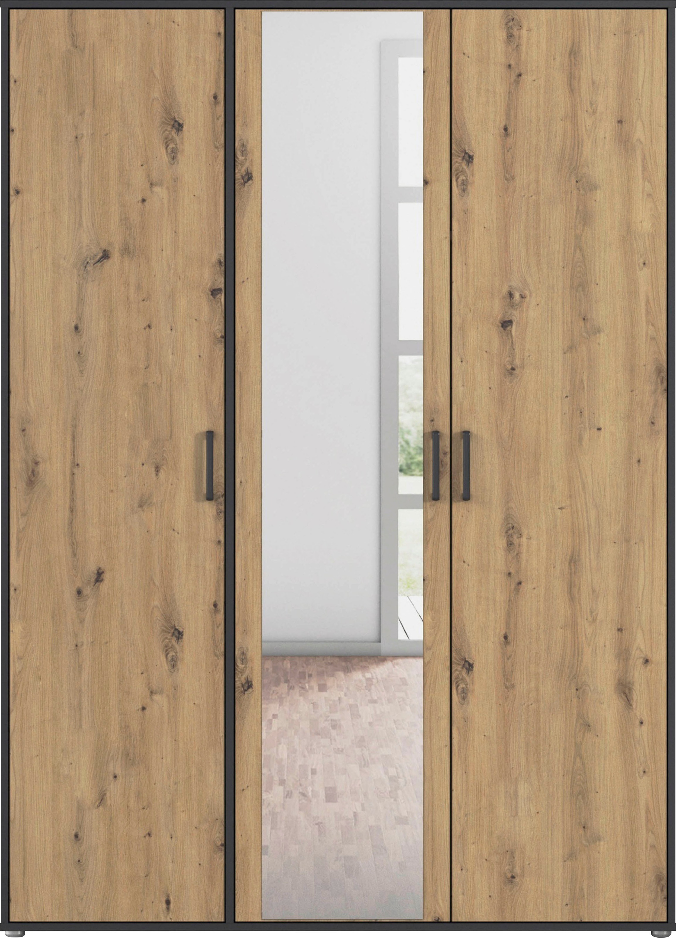 rauch Drehtürenschrank »Kleiderschrank Schrank Garderobe Wäscheschrank VOYAGER«, (in 3 verschiedenen Ausstattungen BASIC/CLASSIC/PREMIUM), mit modernen Griffen in Graumetallic und Spiegel