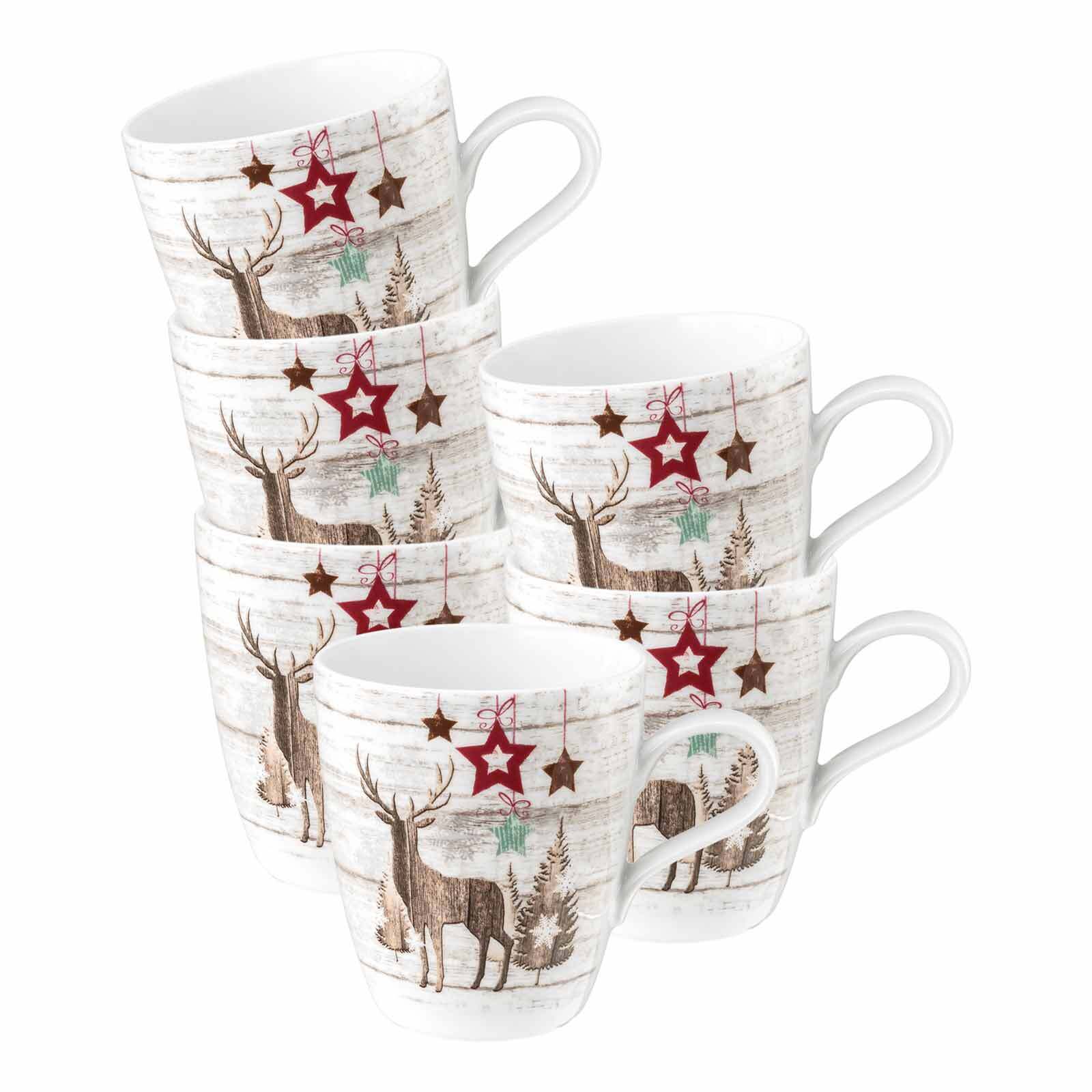 Seltmann Weiden Becher "Henkelbecher Life Christmas 400 ml 6er Set weiß-braun" Spülmaschinengeeignet, Mikrowellengeeignet, Ofenfest, Salamandergeeignet, Kühlschrankgeeignet, Gefrierschrankgeeignet