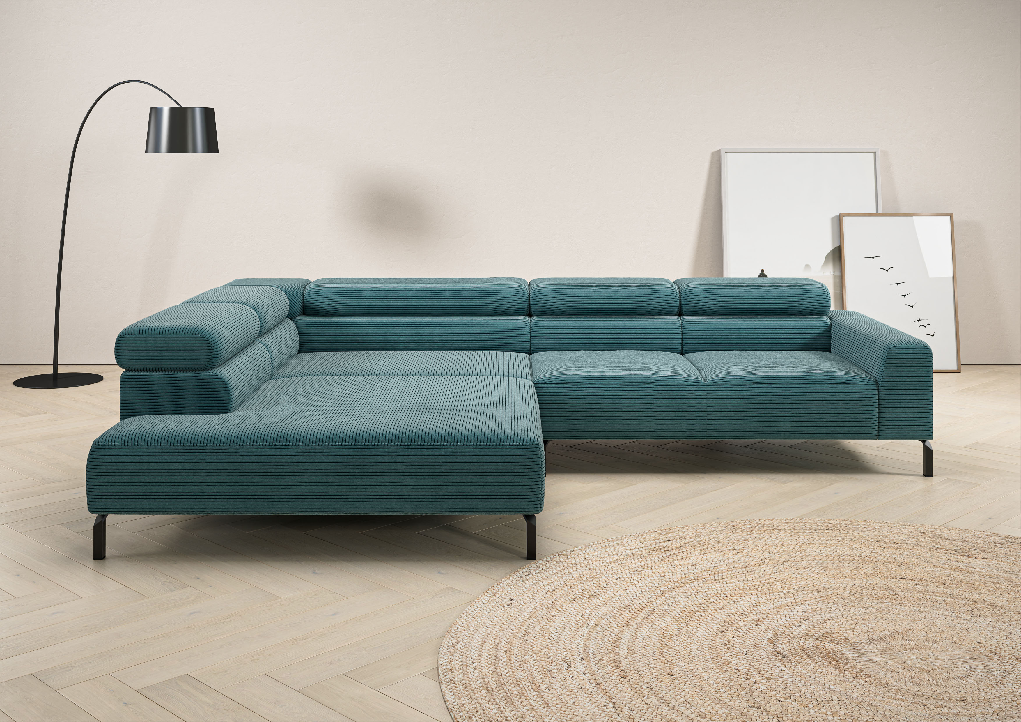 Home affaire Ecksofa "Antonelli, L-Form, incl. Kopfteilverstellung, Breite 312 cm" mit elektrischer Sitztiefenverstellung, in Cord, petrol