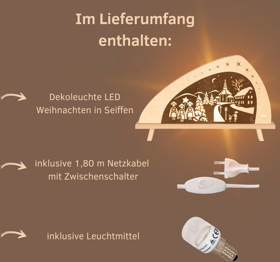 Weigla LED Lichterbogen »Weihnachten in Seiffen, Dekolampe asymmetrisch aus Holz NATUR-BRAUN«, Erzgebirge garantiert, Weihnachtsdeko Innen, Weihnachtsbeleuchtung