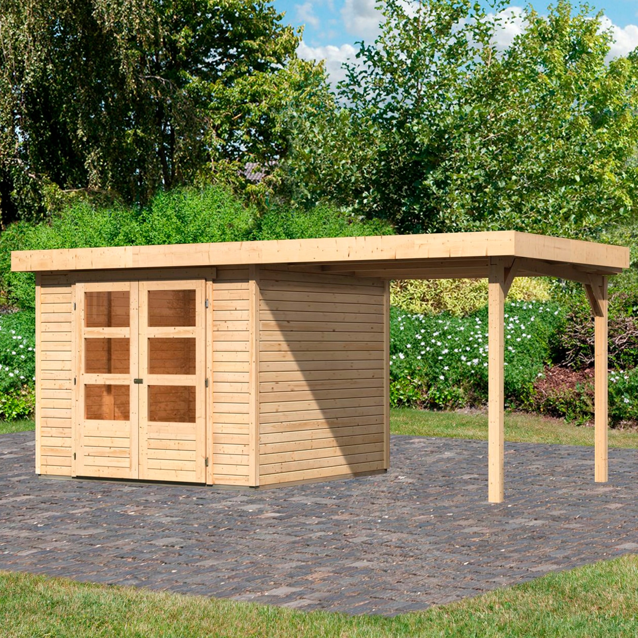 Karibu Gartenhaus "Arnis 3,5" mit Anbaudach 2,40 cm Breite günstig online kaufen