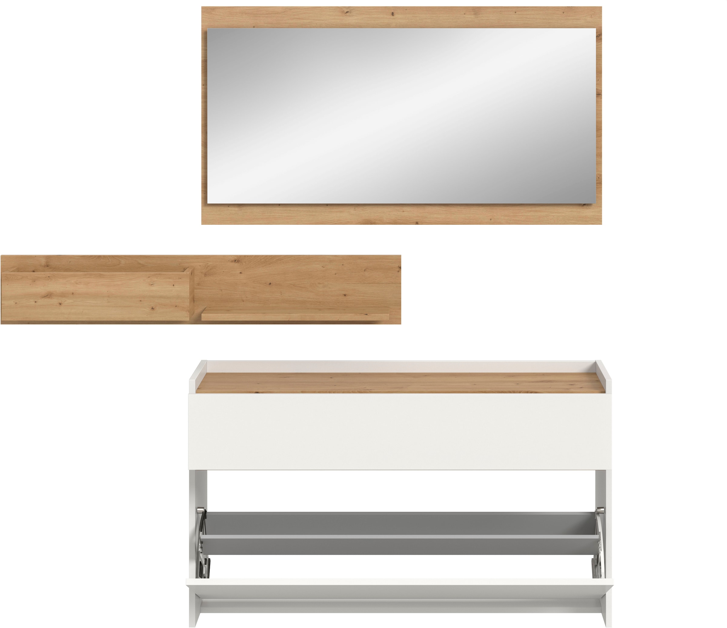 INOSIGN Garderoben-Set »EVRID, 3-teilig, Breite 140 cm, individuell hängbar & erweiterbar«, (3 St., best. aus: Kommode, Wandboard & Spiegel), Garderobenkombination, Garderobe, Wandgarderobe, Flur, Diele