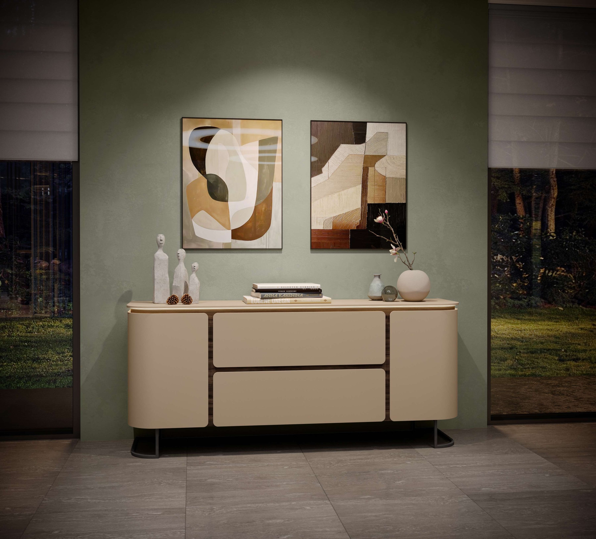 OTTO home Sideboard »AURA , Kommode, Kombikommode, Stauraumschrank, mit LED-Beleuchtung« UV lackiert, Soft Close Funktion, Metallrahmen als Basis des Elements