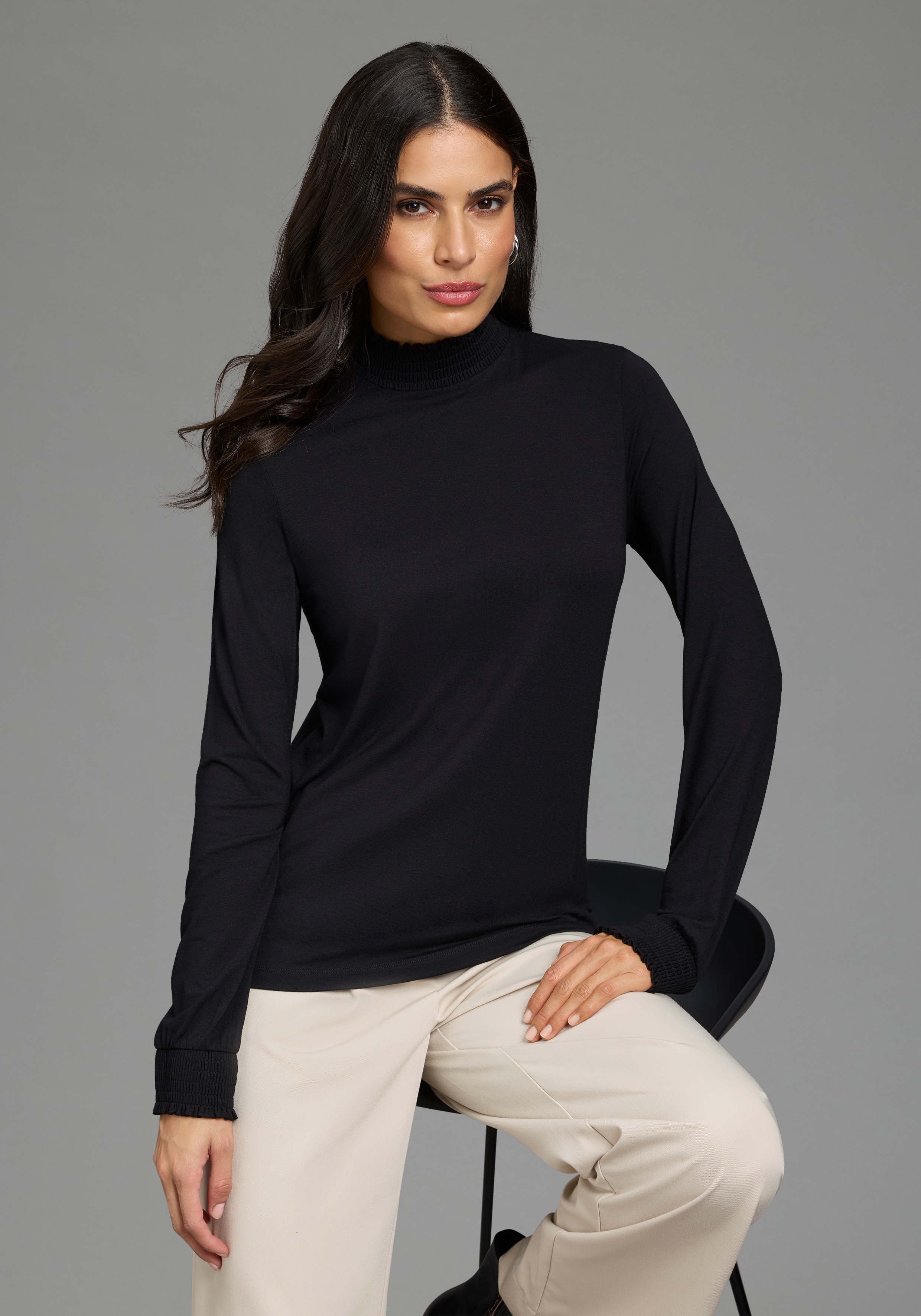 Laura Scott Langarmshirt aus elastischer Viskosemischung, figurumspielende Passform, unifarben