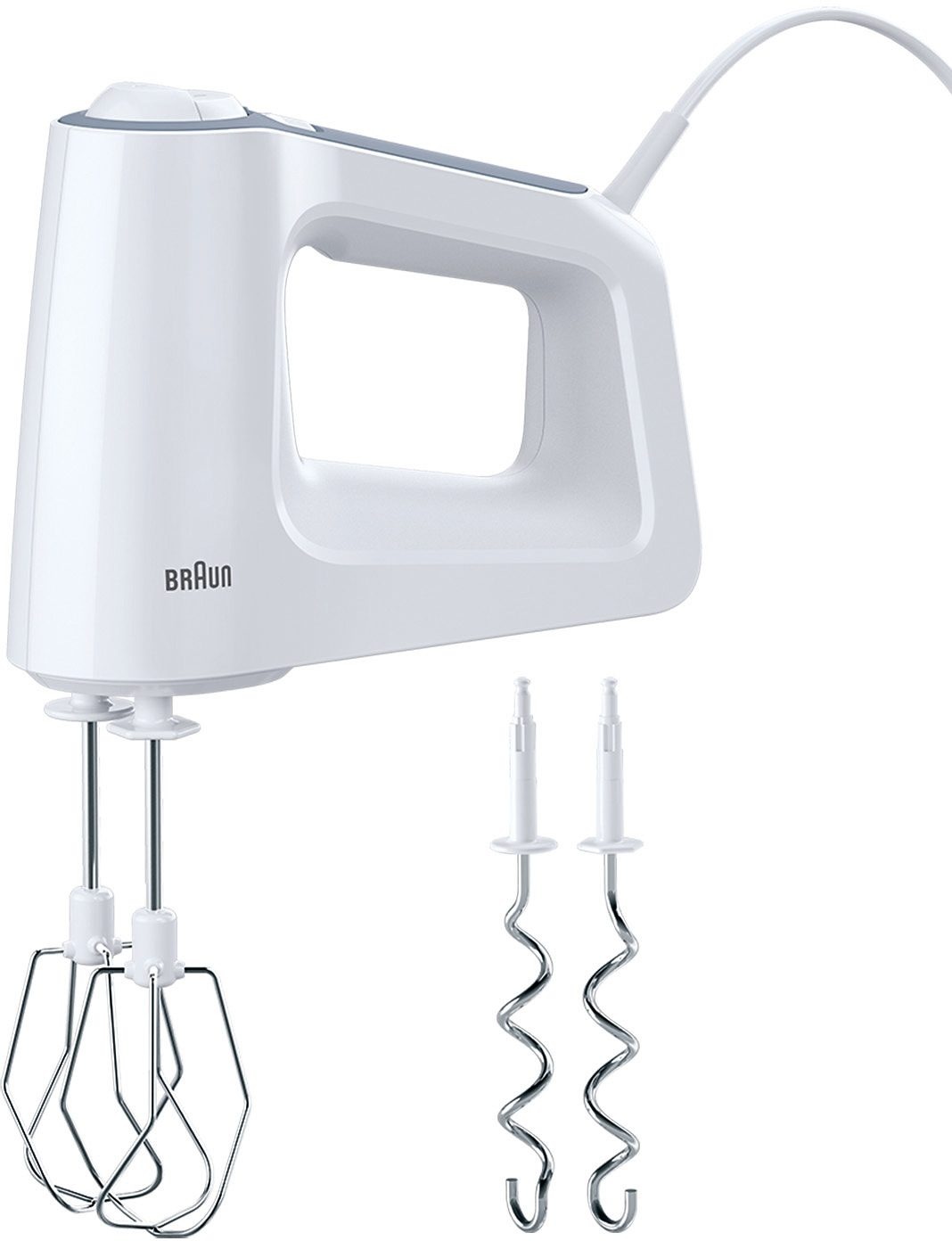 BRAUN Handmixer "MultiMix 3 HM 3100 WH - 500 W, 5 Geschwindigkeiten + Turbo", weiß, B:7,5cm H:16cm T:21cm, Mixer, Vertiklae Motorausrichtung für wenig