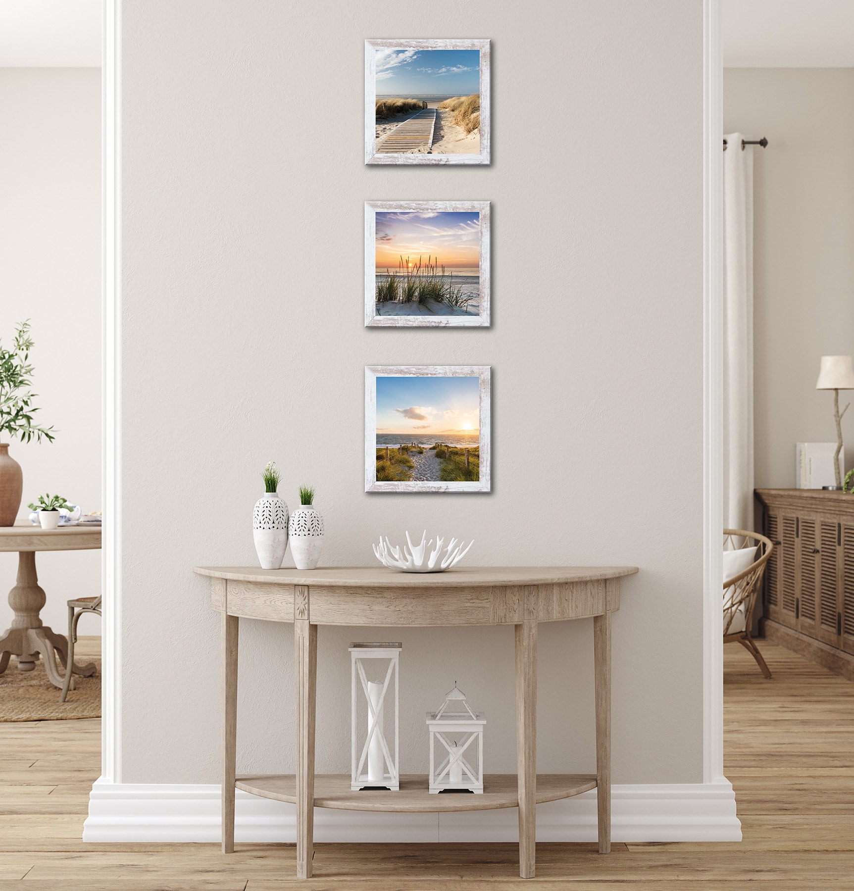 Bönninghoff Bild mit Rahmen »3er-Set gerahmte Bilder STRÄNDE 3x23x23 cm – Maritime Wanddeko« Düne | Meer | Strand 1 Stk. tlg. mehrteiliges Bilder-Set, harmonisch aufeinander abgestimmt