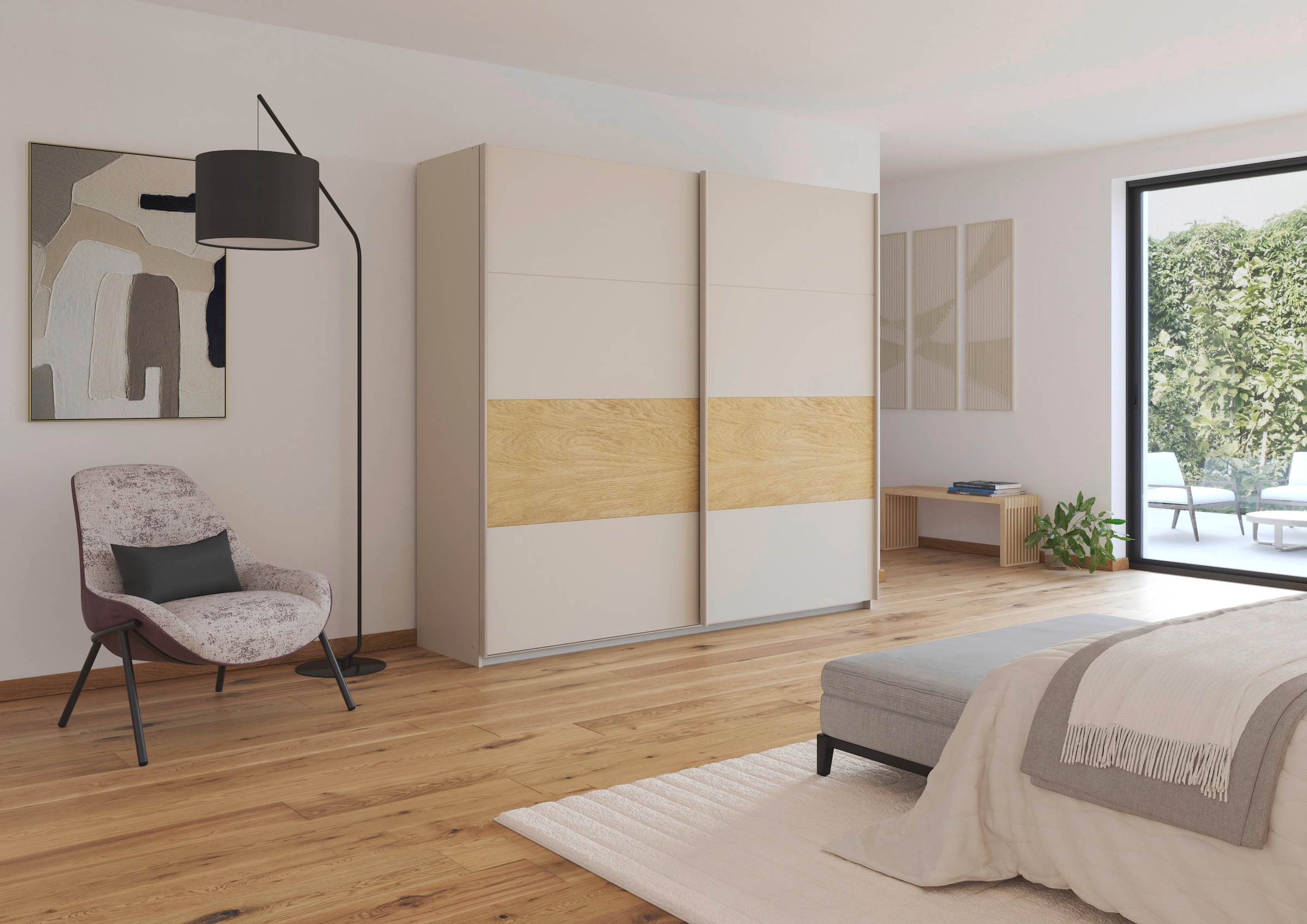 rauch Schwebetürenschrank »Kleiderschrank Schrank Garderobe Schlafzimmerschrank MALVA«, Bauchbinde abgesetzt in gebürstetem Eiche Furnier MADE IN GERMANY